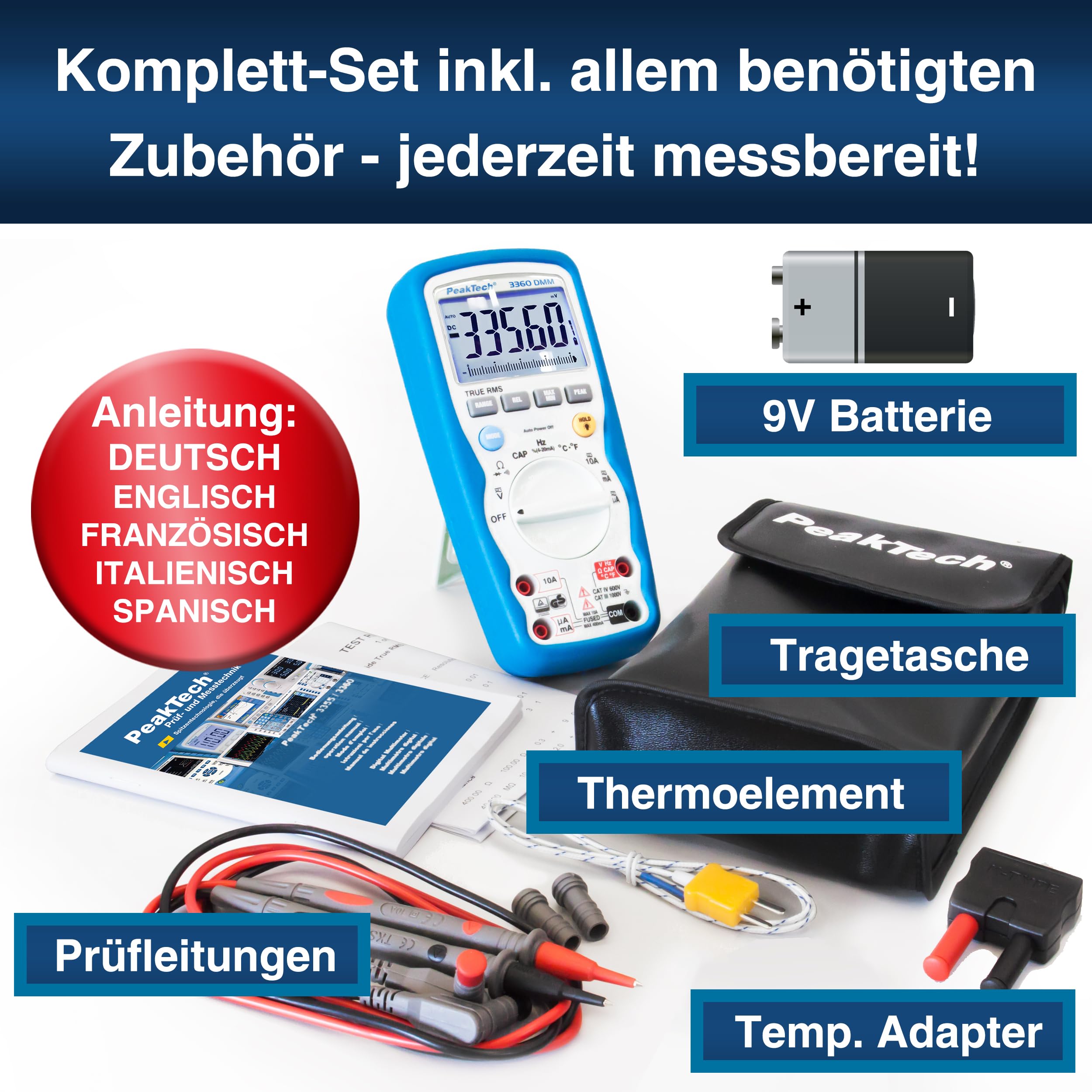 PeakTech P 3360 - True RMS Multimeter Digital - (IP67) Wasserdichter Spannungsprüfer & Strommessgerät - 40000 Counts - Extrem Robustes Gehäuse mit TÜV/GS - Messgerät, Durchgangsprüfer - CAT III 1000 V