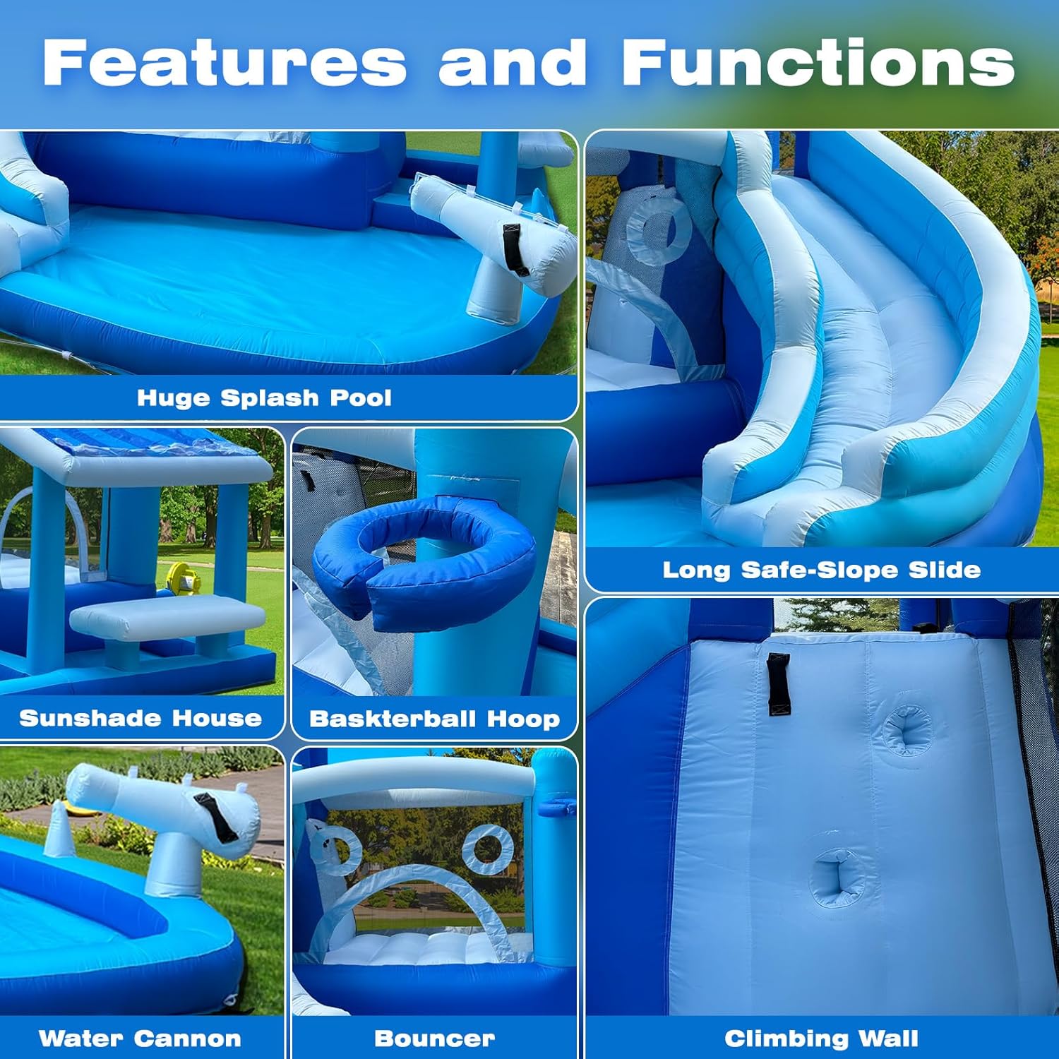 Inflatable Bounce House, Water Slide 7in1 Park with Water Cannon, Climbing Wall, Basketball Hood, Sunshade House and Large Splash Pool, Kids Bouncy Blue Castle with Air Blower for Outdoor