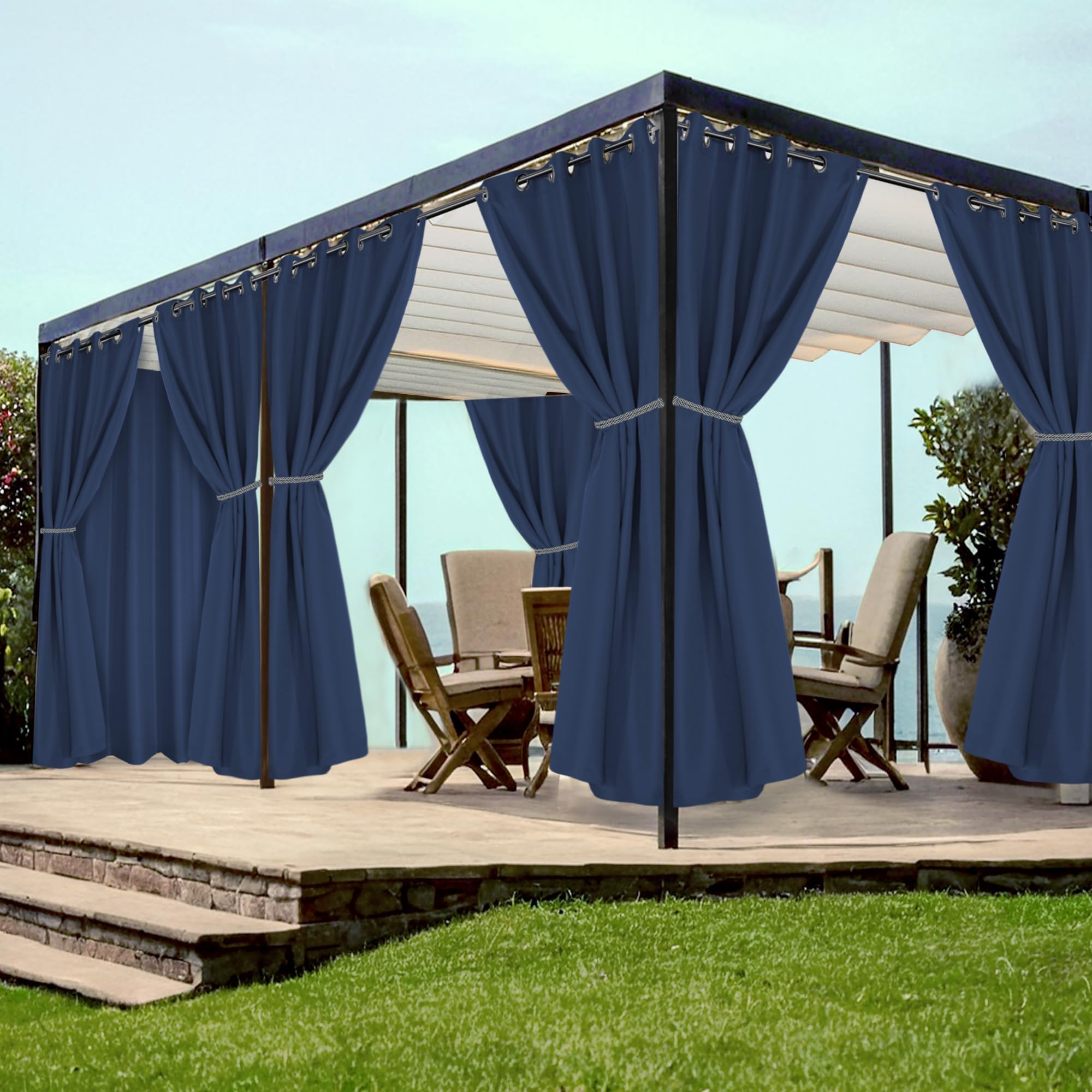 HolidayIdeas Grommet Outdoor Curtains for Patio Waterproof 8 Pcs All Weather Balcony Outside Curtains for Apartments, Gazebo, Pergolas, Porch, 54x95 Inch, Navy