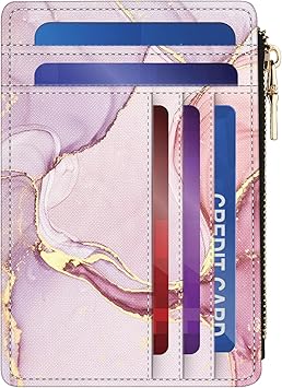 small wallet women, RFID thin wallet for women, thin ladies credit card holder (Pink Marble 1)