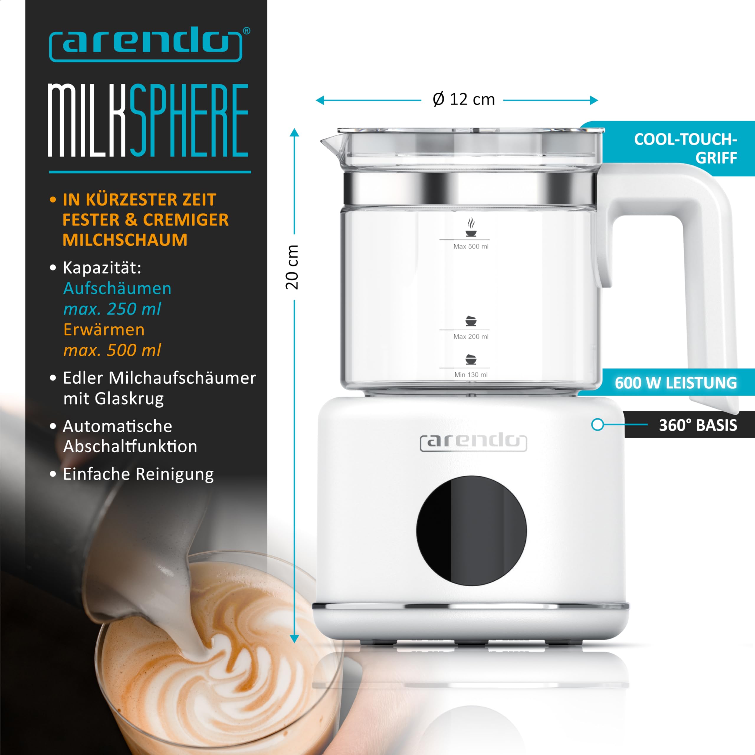 Arendo – Milchaufschäumer elektrisch – 600 Watt Heizelement – 500 ml – 6 Automatikprogramme – Milchschaum für heiß und kalt – 2 Einsätze – für Cappuccino Latte Macchiato heiße Schokolade