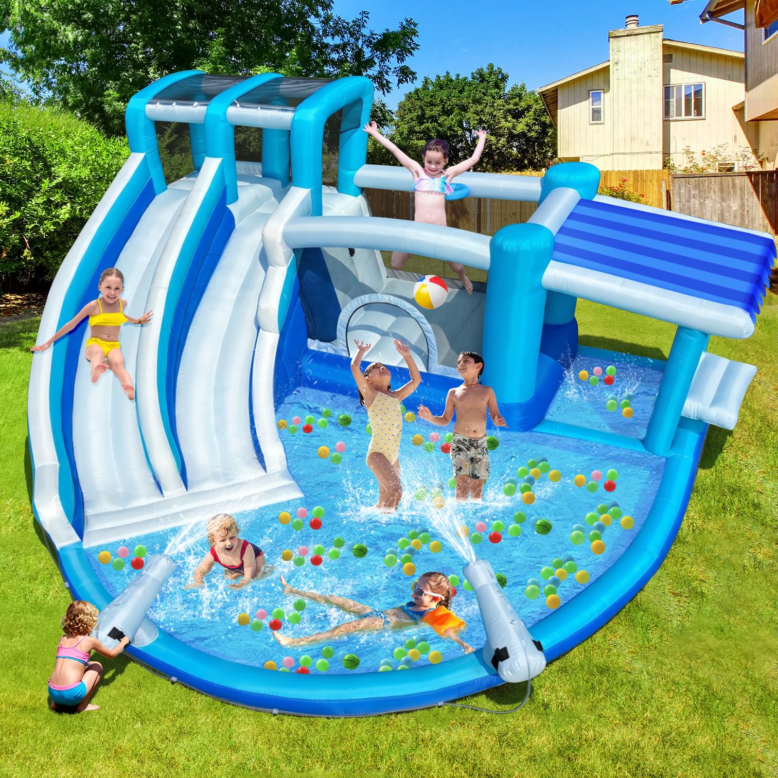 Photo 1 of [Heavily Used] Inflatable Bounce House Water Slide Water Park, Kids Bouncy House for Kids 3-12 with Dual Slide, Outdoor & Indoor, with 550W Powerful Blower Included (Dual Slide Water Park)