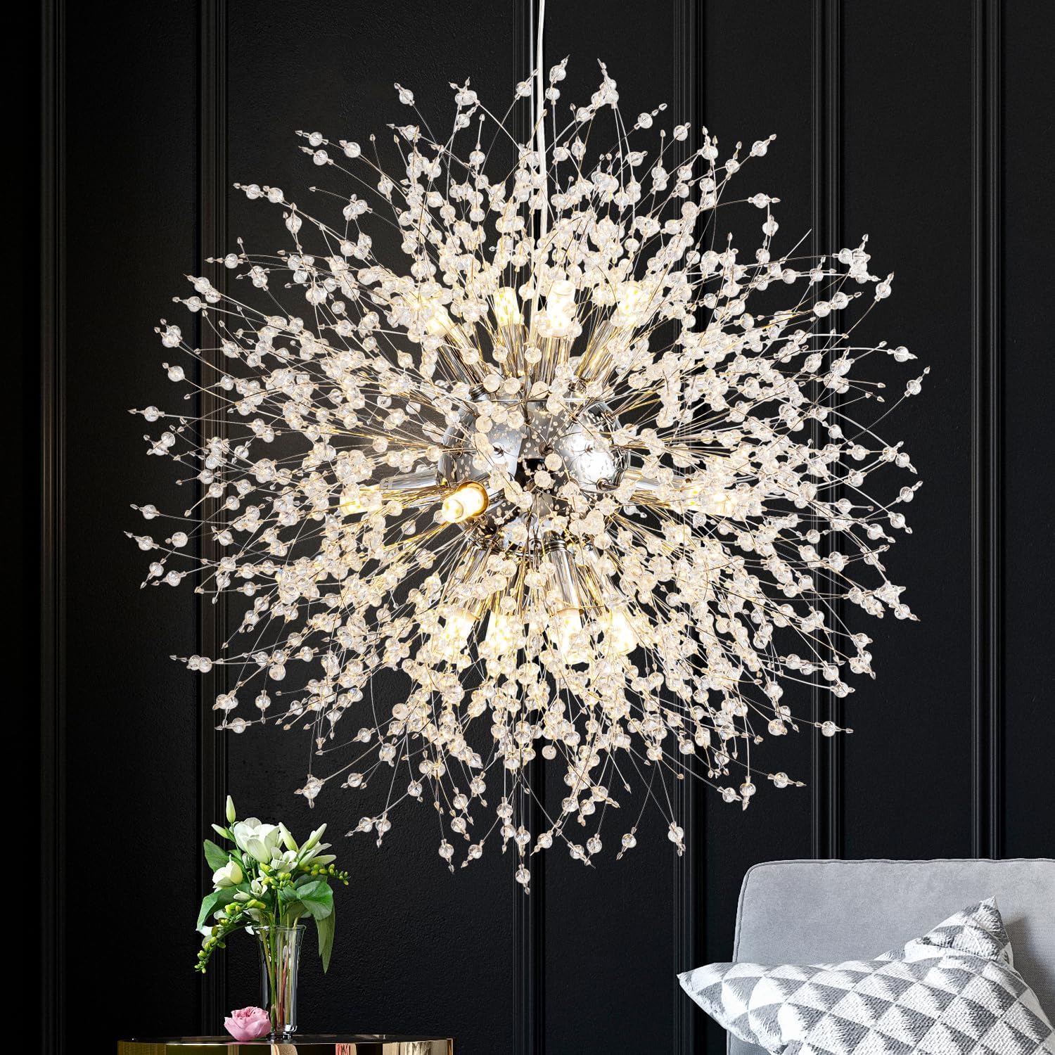 KXEcoLife 12-Light Modern Crystal Chandelier, Dandelion Firework Chandeliers, Hanging Pendant Lighting Fixture for Dining Room, Bedroom, Bathroom, Entryway, Foyer,Chrome