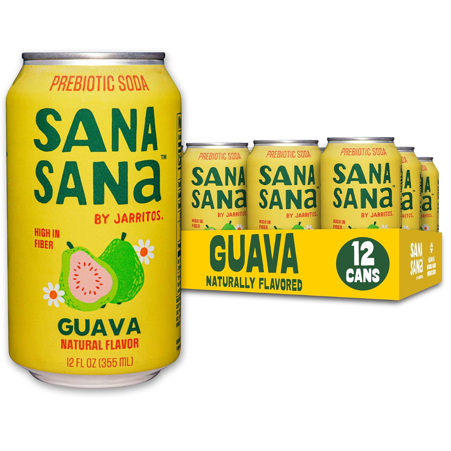 Sana Sana by Jarritos - Mexican Prebiotic Soda Soft Drinks, Guava (12 oz, 355ml) 12 Cans - 40 Calories, 10g of Fiber - Low Sugar - Natural Flavor Soda Pop