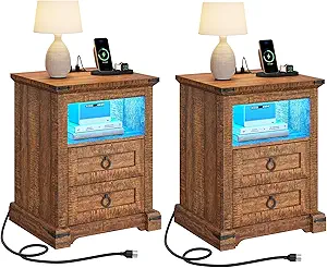 DWVO Nightstand Set of 2 with Charging Station, 2 Drawer Nightstand Farmhouse Night Stands Set of 2 End Table Side Tables Bedroom w/LED & Music Mode, Brown