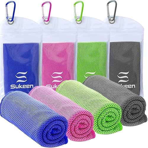 Sukeen [4 Pack Cooling Towel (40"x12"),Ice Towel,Soft Breathable Chilly Towel,Microfiber Towel for Yoga,Sport,Running,Gym,Workout,Camping,Fitness,Workout & More Activities - Pink/Green/Dark Blue/Dark Grey