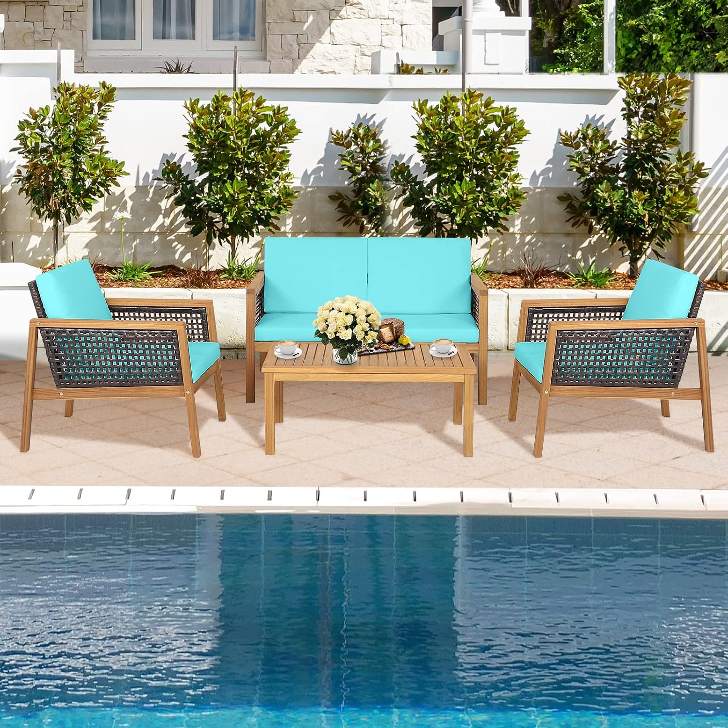 4 Pieces Outdoor Acacia Wood Furniture Set, Outdoor PE Wicker Conversation Set with Coffee Table and Soft Cushions, Outdoor Sofa Set for Garden, Poolside and Backyard (1, Turquoise)