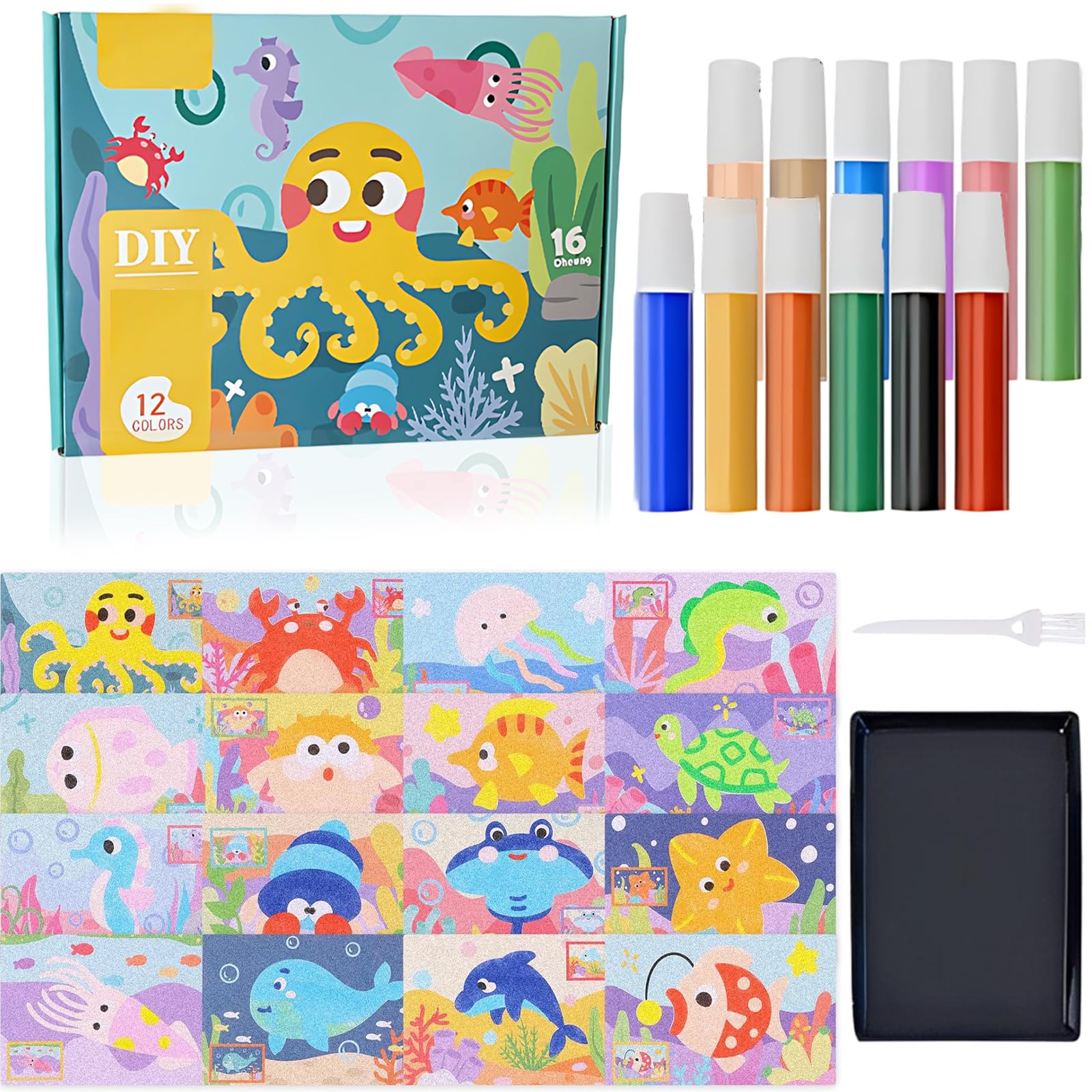 ZQSFPK Sand Art Kits, with 16 Pictures & 12 Coloured Sands, Double-Sided Creative Fun for Sand Painting, Complete Set with Brush and Tray