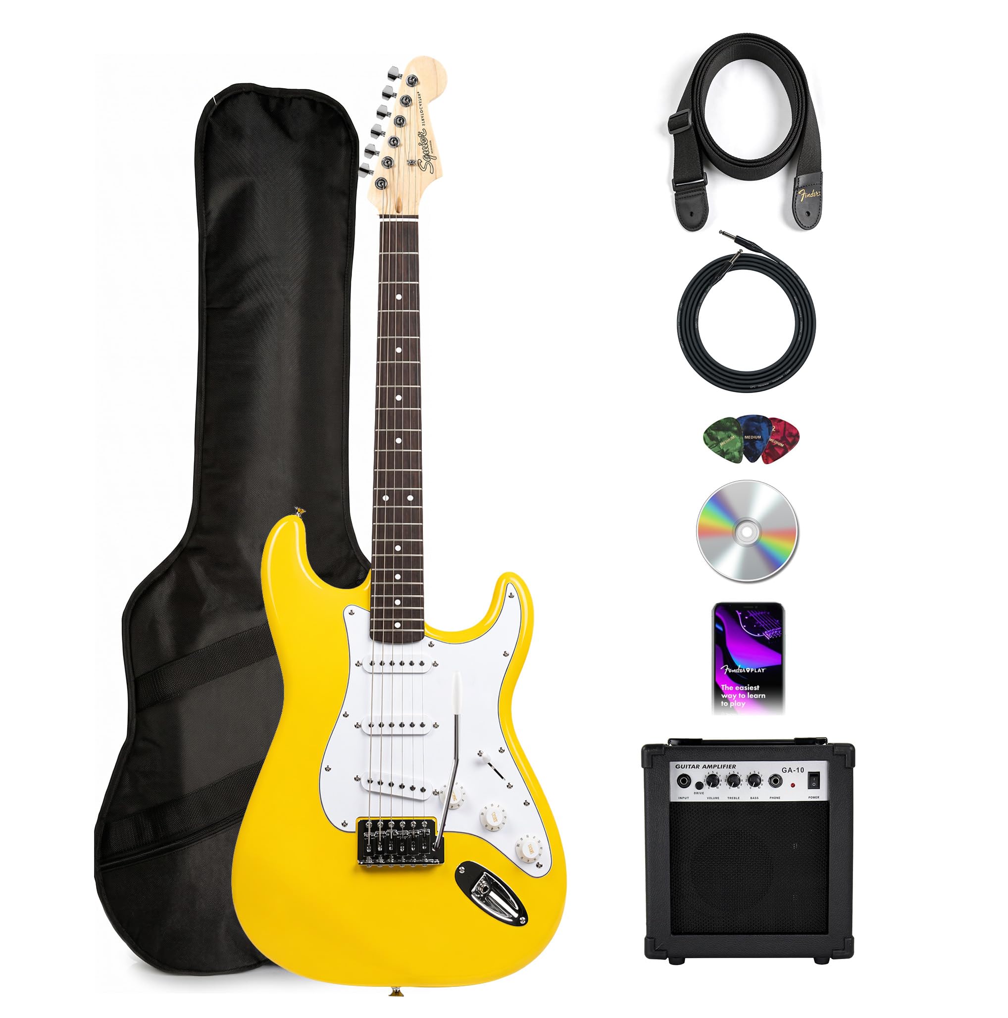 Fender Squier Stratocaster - Graffiti Yellow Bundle with Amplifier, Gig Bag, Instrument Cable, Strap, Picks, and Austin Bazaar Instructional DVD