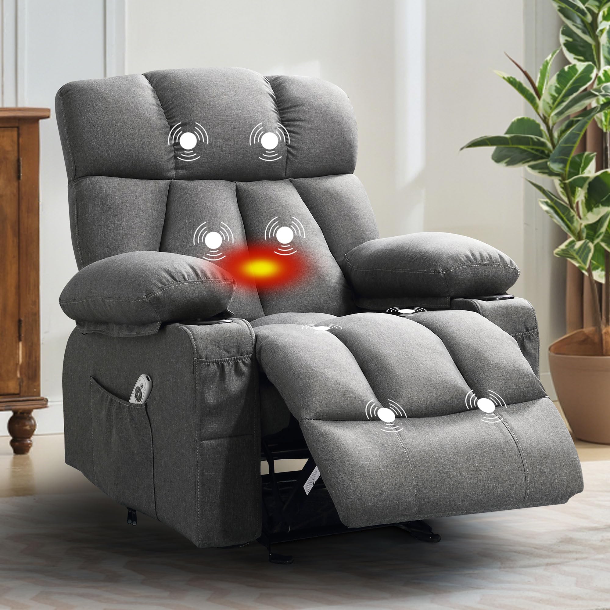 Bosmiller Elektrisch Relaxsessel mit Liegefunktion, Fernsehsessel mit Wärmefunktion, 2 Seitentaschen Getränkehalter, Aus Stoff TV-Sessel mit 360°-Drehung für Wohnzimmer,Grau