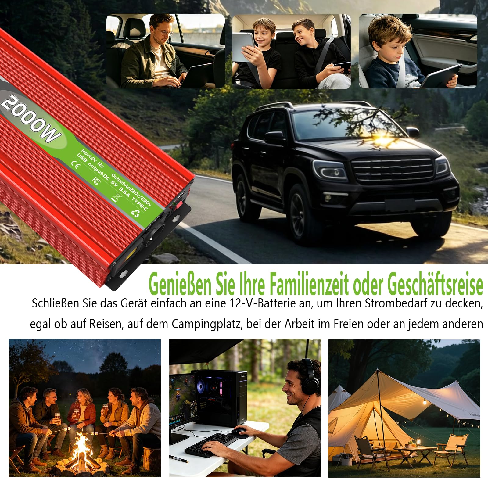 2000W Wechselrichter 12V auf 230V Spannungswandler Konverter Power Inverter Spitzenleistung 4000W mit EU Steckdosen, USB/Type-C und LED Anzeige, Umwandler für LKW Camping Haushaltsgeräten