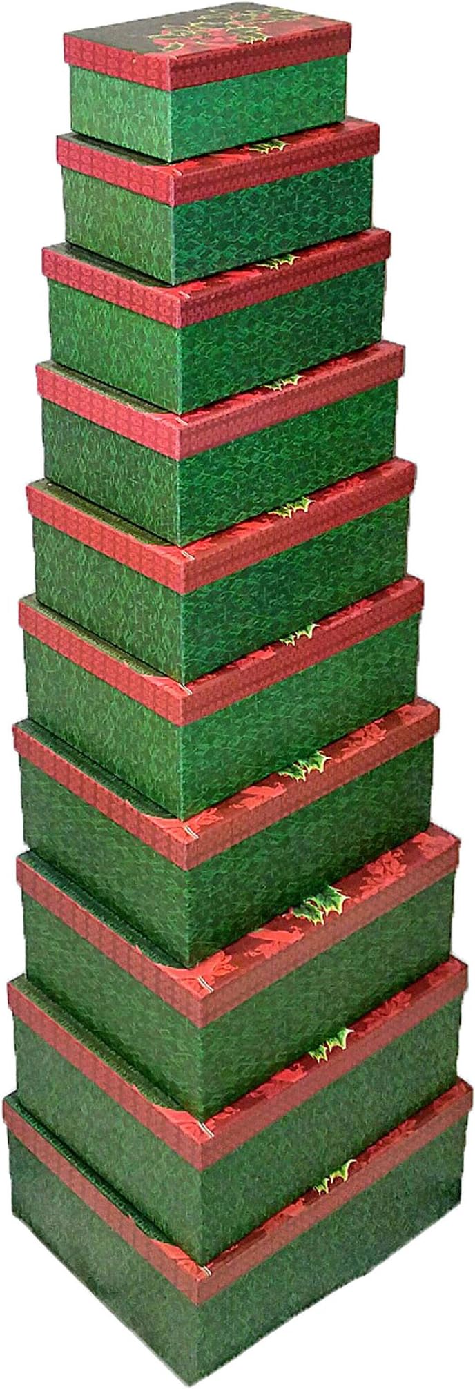 Holiday Nesting 10 Gift Box Set; 3 Different Designs – Christmas Tree, Holly, Penguin (Holly)
