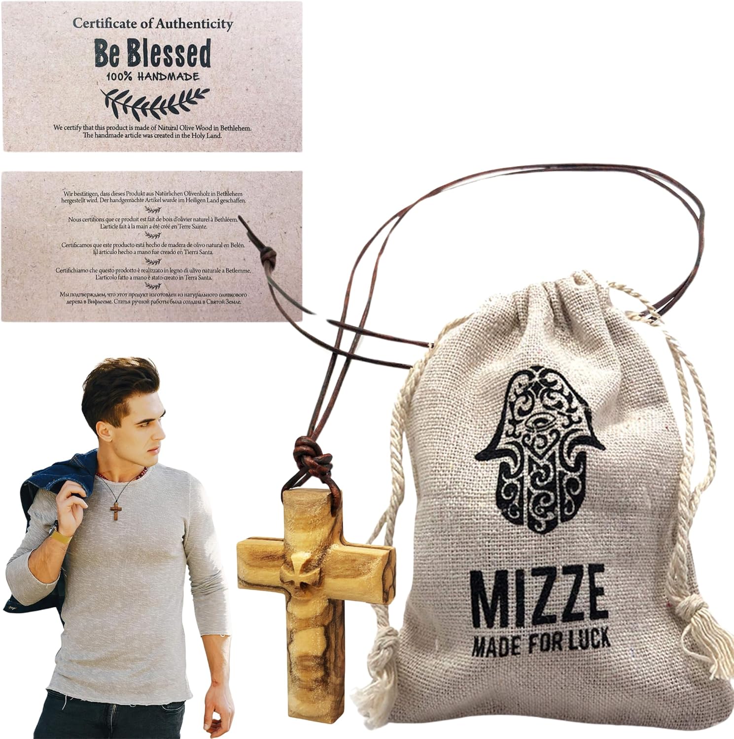 Wooden Cross Necklace for Men and Women - Olive Wood Cross Pendant on Long Adjustable Brown or Black Leather Cord Necklace - Wood Cross Pendant Gift for All Ages - Image 8