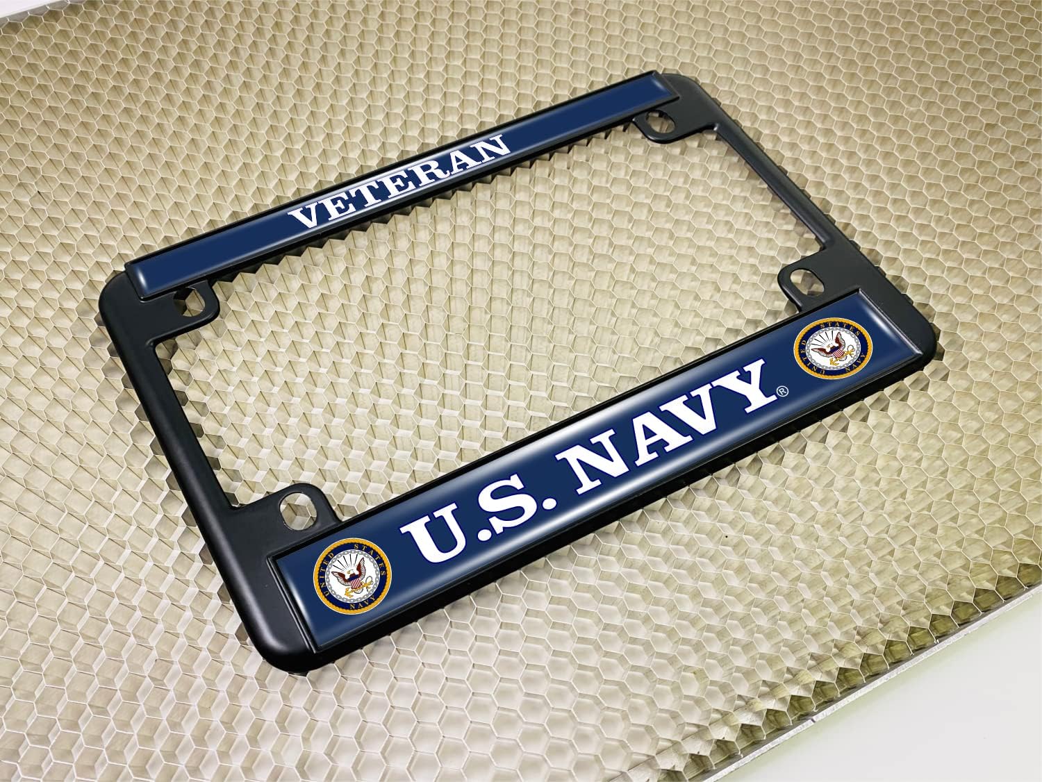 [Officially Licensed Product] - Motorcycle Metal License Plate Frame with U.S. Navy Veteran, Eagle and Anchor Logo Design - Black