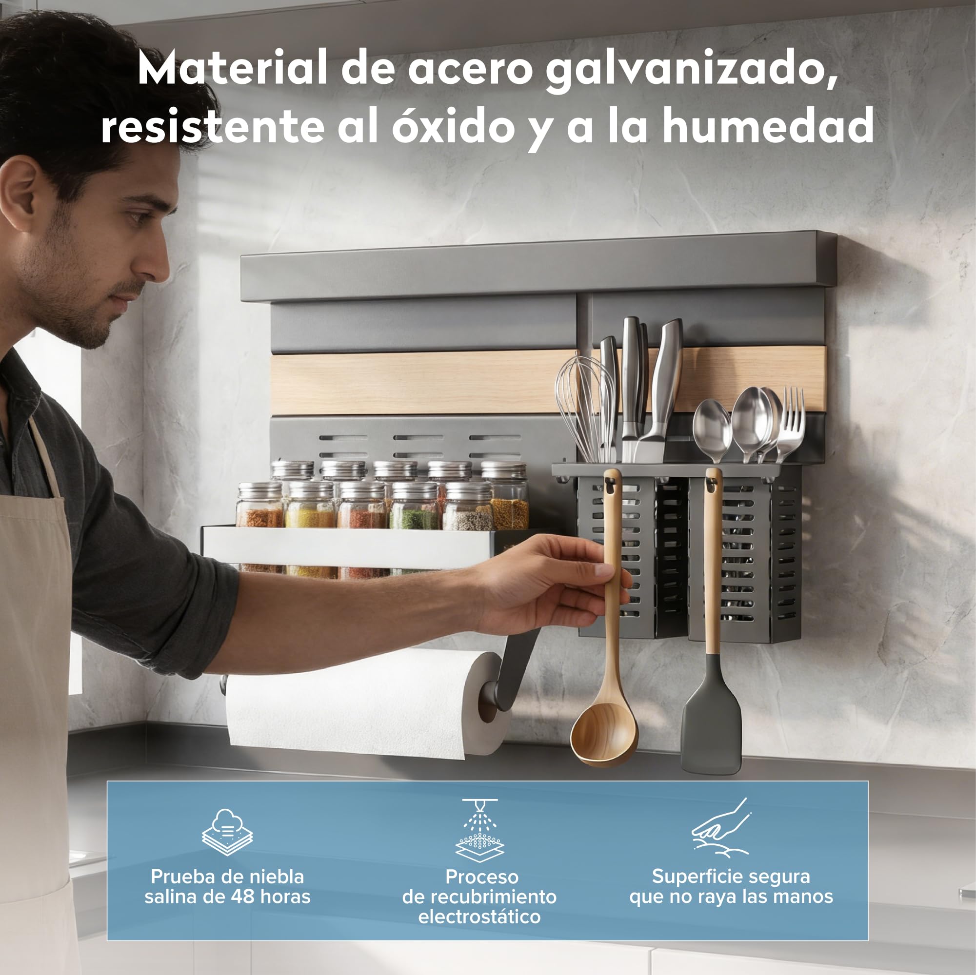 doporro Estante de Cocina Gris con Riel de Aluminio 52 cm, Organizador en Acero Galvanizado Desmontable, con Estante de Especias, Soporte para Papel, Portautensilios y Ganchos