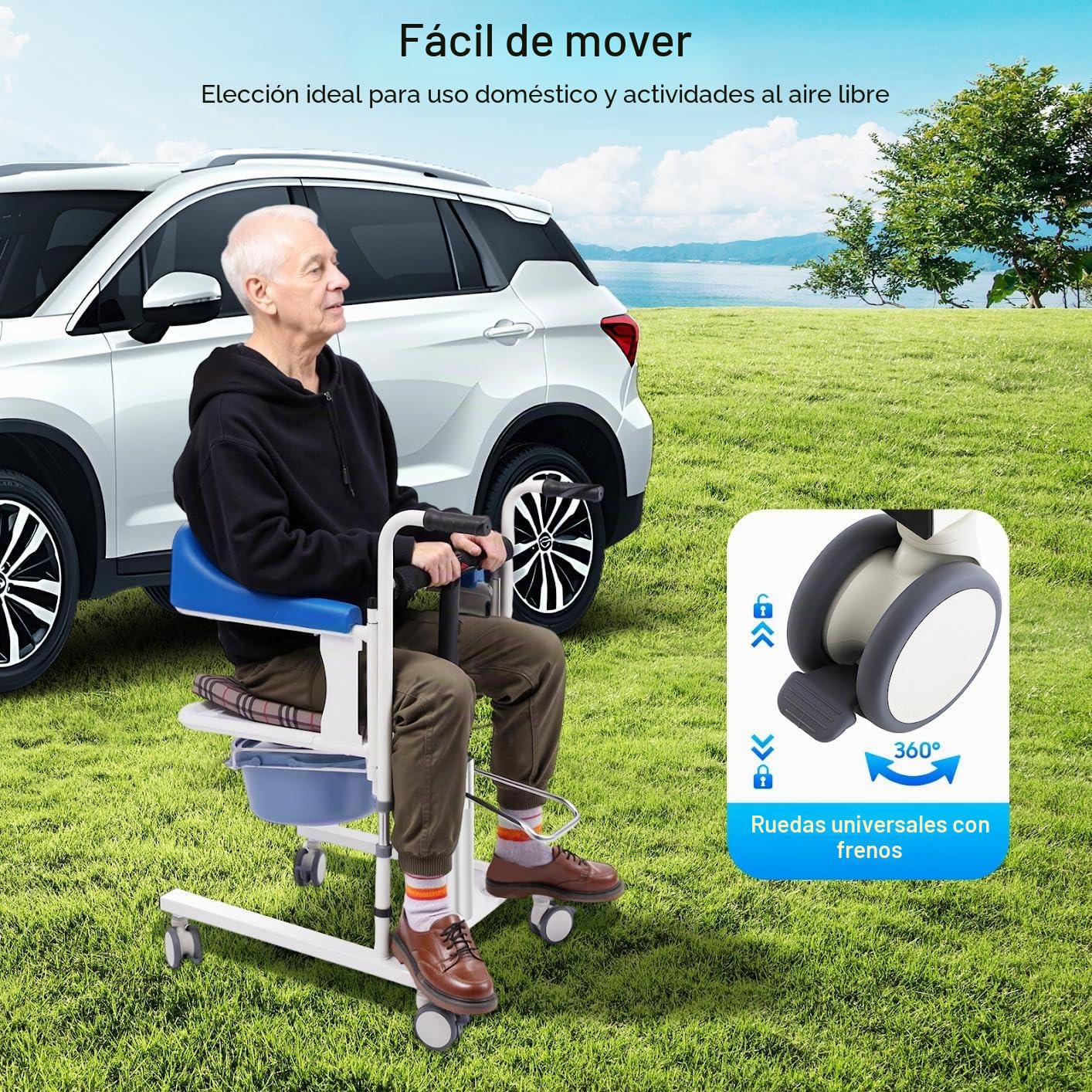 Elevador de pacientes hidráulico, silla de traslado, silla de ducha, asiento de inodoro, apertura de 180°, altura regulable, carga de 90 kg, con orinal, ruedas con frenos, para personas mayores, azul