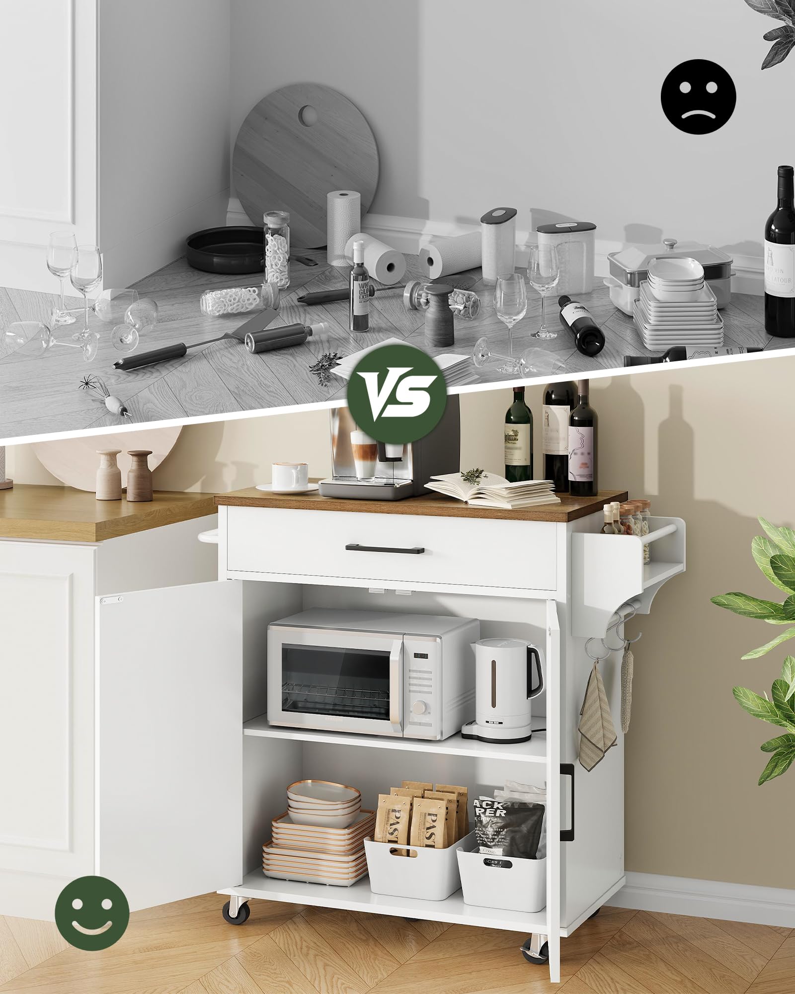 CHOEZON Isola da Cucina Mobile Stile Rustico, Mobile da Cucina con Rotelle con Contenitore, Carrello di Servizio con Cassetto e Ganci, Ripiano Porta Spezie, Bianco e Marrone Noce DMZD05WL