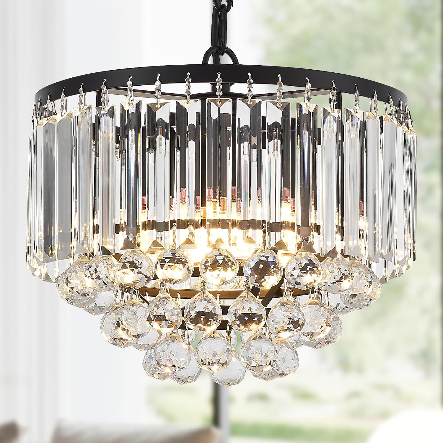 4-Light 12.6'' Black Modern Crystal Chandelier Contemporary Round Pendant Chandeliers Crystal Luxury Ceiling Hanging Lighting for Kitchen Island Dining Room Entryway Laundry Hall Foyer, E12 12.6 Inches Black