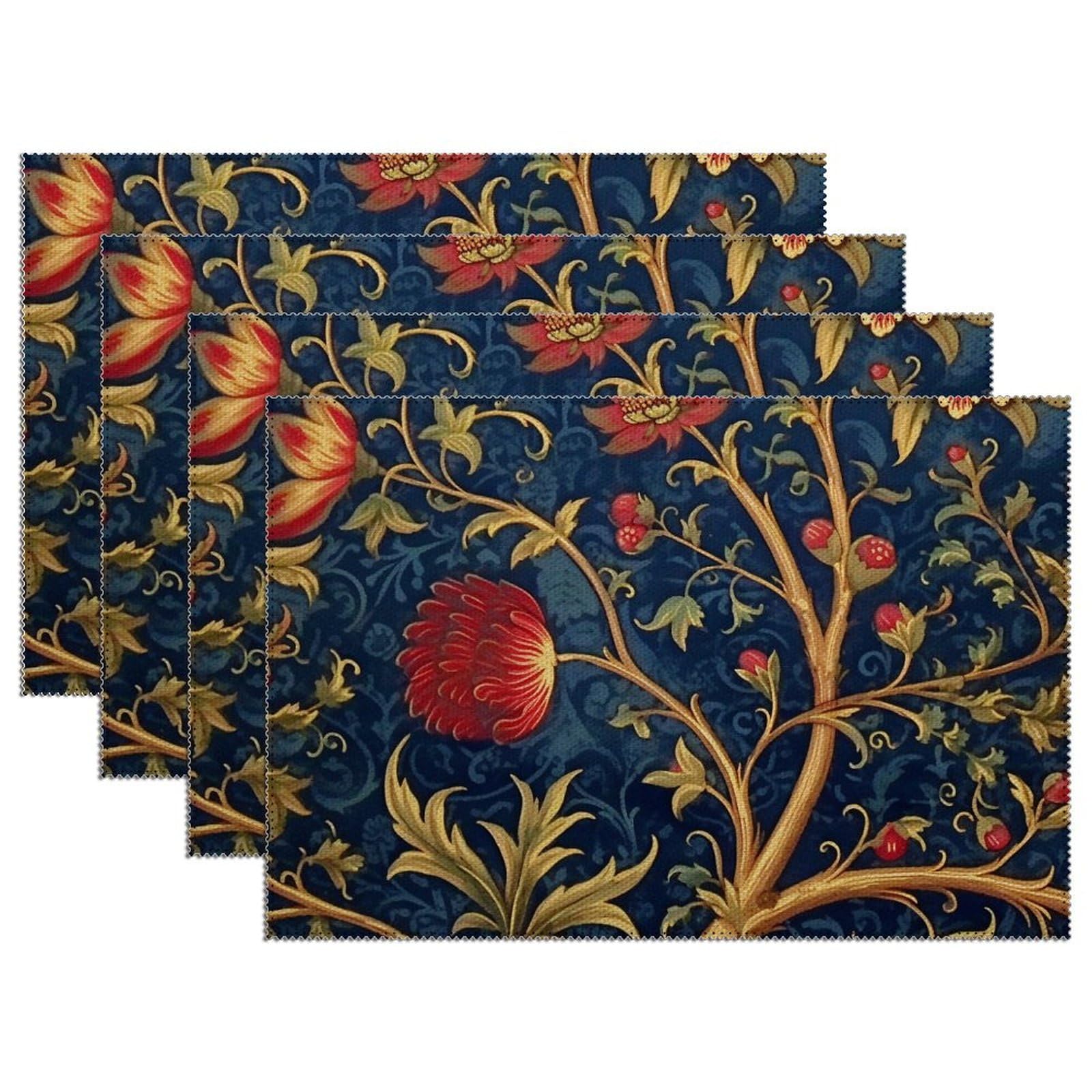 Luckluccy Navy Blue Floral Botanical Placemats Set of 4 12x18 Inch Japanese Asian Oriental Placemats Washable Oil Proof Artistic Table Mats for Dining Room And Kitchen Indoor
