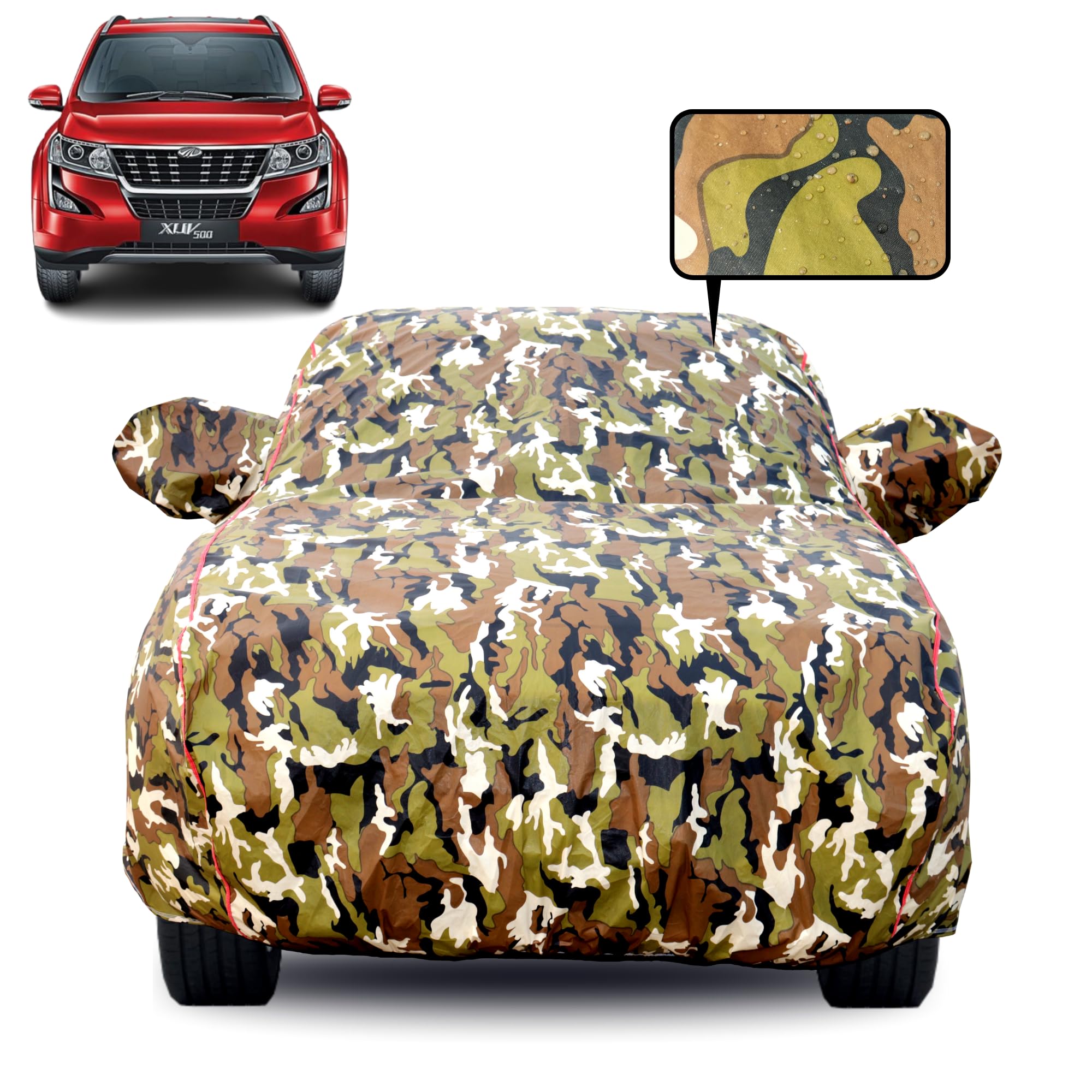 Waterproof Car Body Cover for Mahindra XUV 500 with Mirror Pocket, Soft Cotton Lining, Triple Stitched, Full Bottom Elastic (Heat Resistant Jungle Print with Red Piping)-image-30