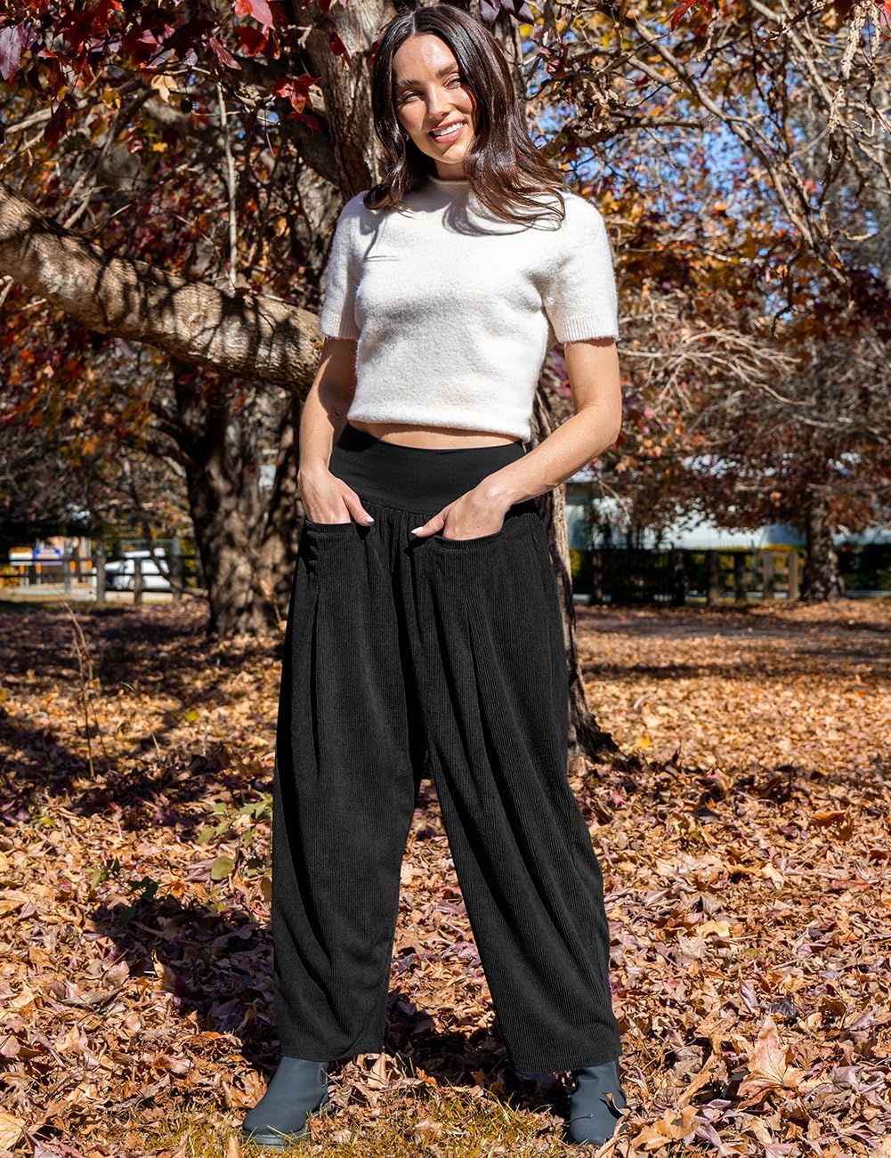 TARSE Womens Corduroy Harem Pants Casual Elastic Waist Wide Leg Pants Boho Loose Fit Baggy Trousers with Pockets - Image 3