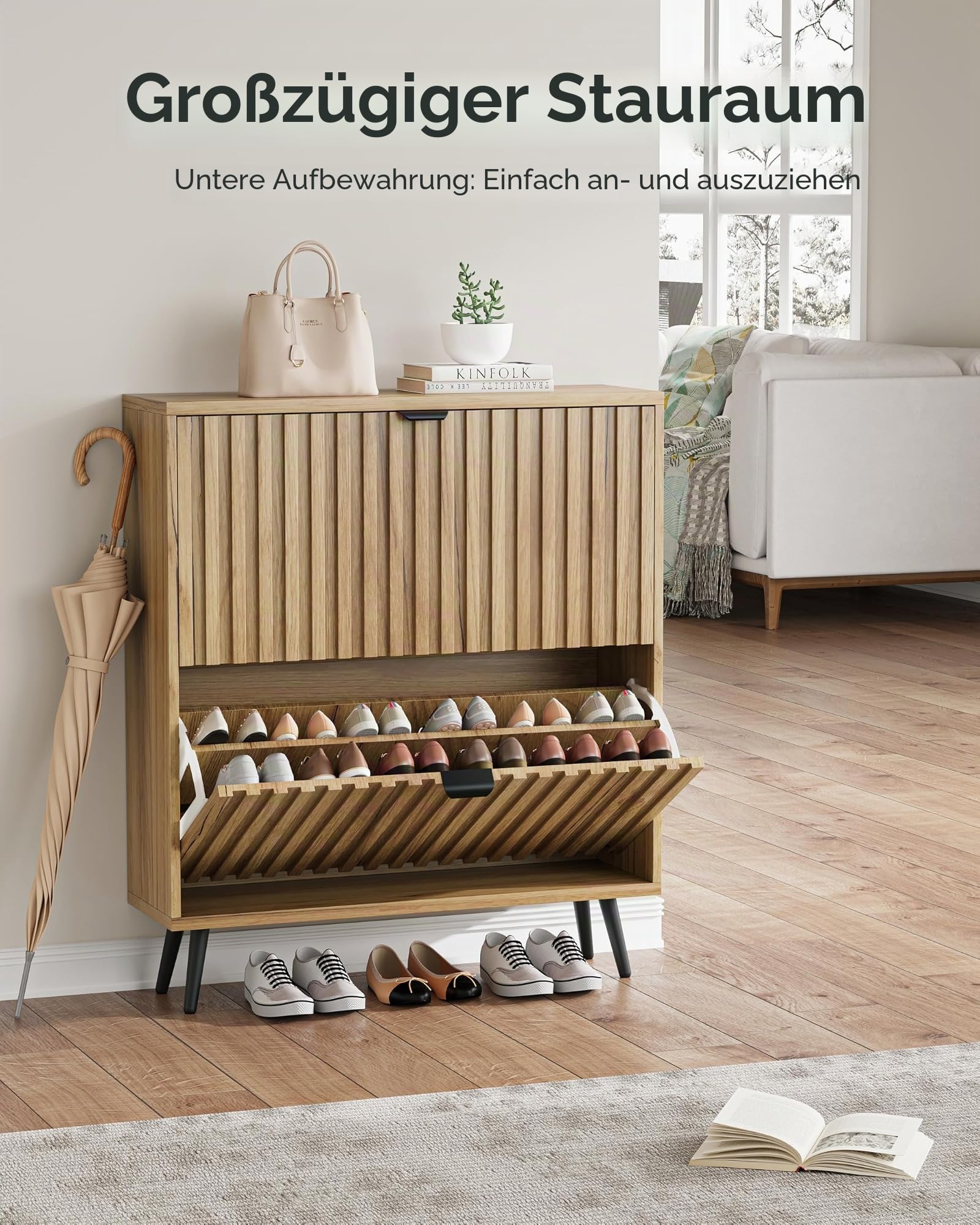 Schuhschrank, geriffelter Schuhschrank für den Eingangsbereich, versteckter Schuhschrank mit Metallbeinen, Schuh-Organizer mit Klapptüren, schmaler Eingangsbereich, Schuhaufbewahrungsschrank