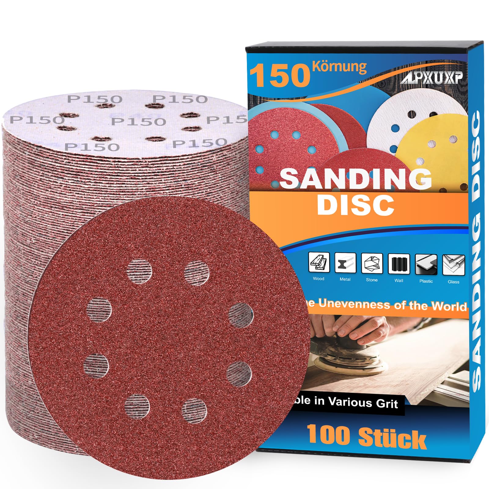 Pack of 100 Sandpaper 125 mm P150 Grit Sanding Discs 8 Holes Round Sanding Sheets Professional for Random Orbital Sanders ALPXUXP — image 1