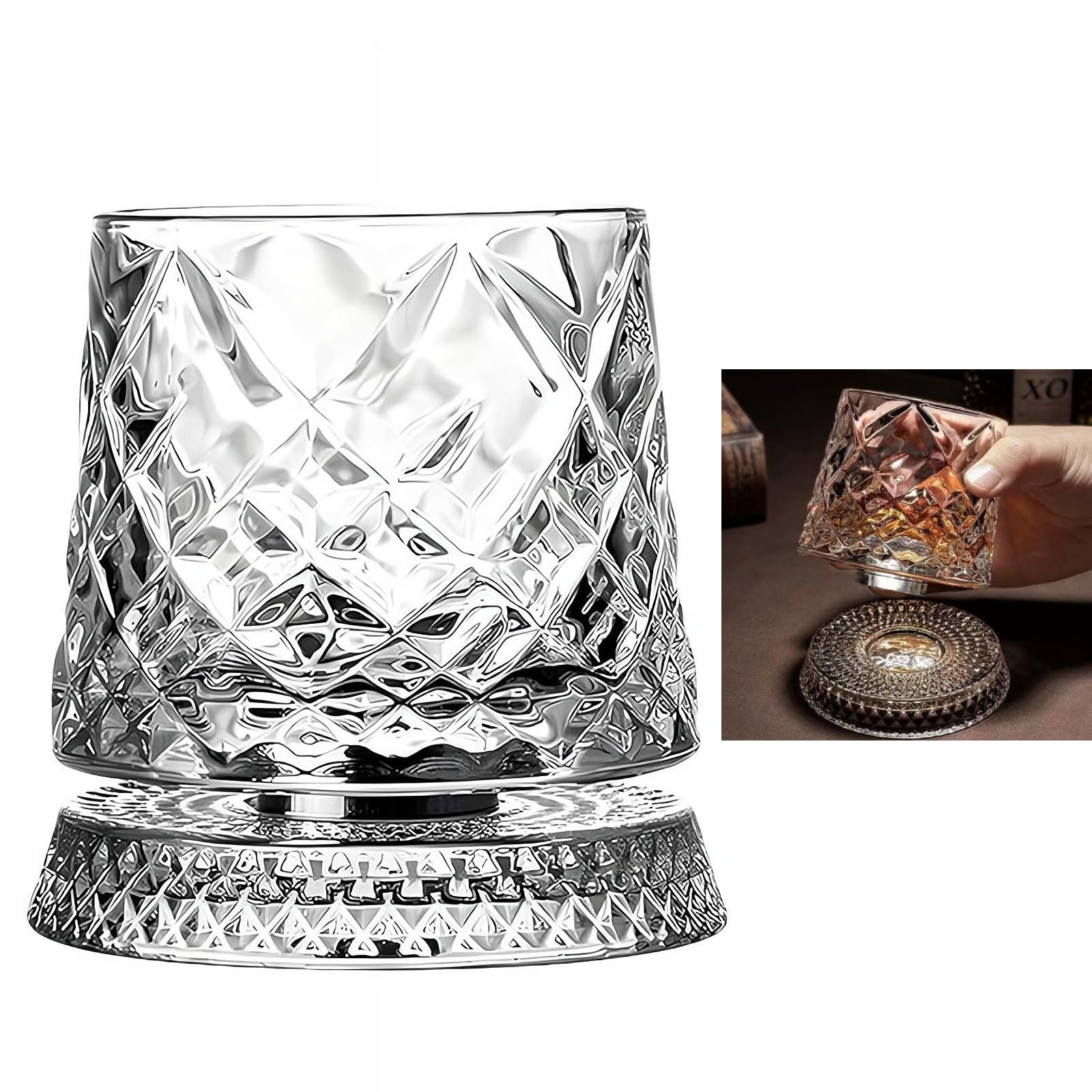 360 Degree Rotating Whiskey Glass, 280ml Old Fashioned Whiskey Glasses With 360° Rotating Base,Stress Relief Drinking Cup for Bourbon,Cocktails,Unique Gift for Husband,Dad,Father’s Day,Birthday (A)