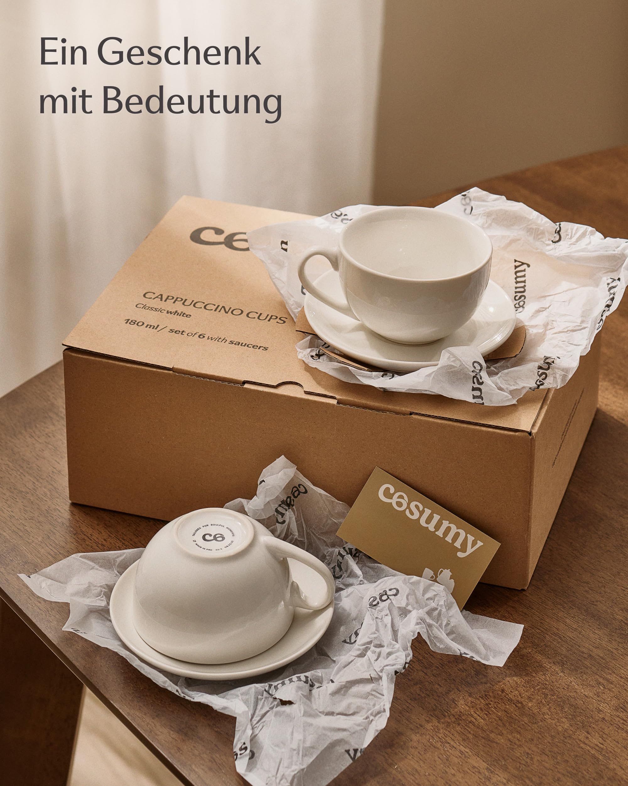 Cosumy Cappuccino Tassen Set 6er mit Untertassen – Kaffeetassen Keramik Weiß – Hält Lange Warm – Spülmaschinenfest – Kaffee Tassen Sets & Kaffeetasse Modern – Kaffeeservice Geschenkidee -180ml