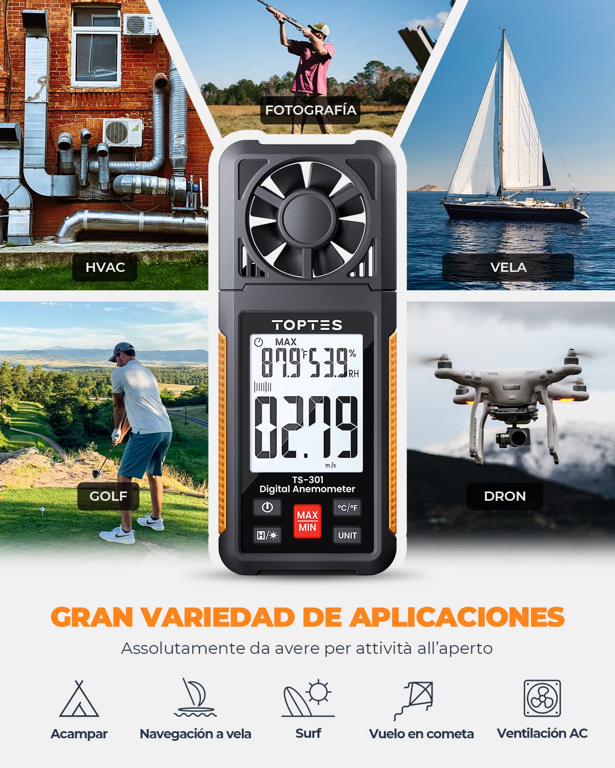 TopTes TS-301 Anemometro Misuratore di velocità del vento con display LCD da 2,26 pollici Temperatura e Umidità del vento, Regalo per riprese, HVAC, Drone volante