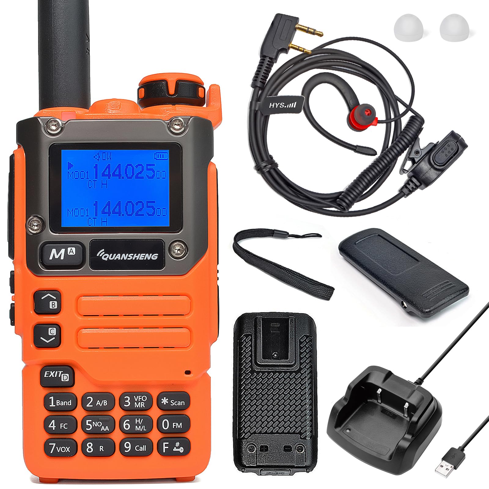 HYS Quansheng UV-K5(8) 5W Dual Band Walkie Talkie, UV-K6 (arancione) Radio a batterie ricaricabili, Radio ricetrasmittente VHF UHF (cuffia leggera, tappo per le orecchie)