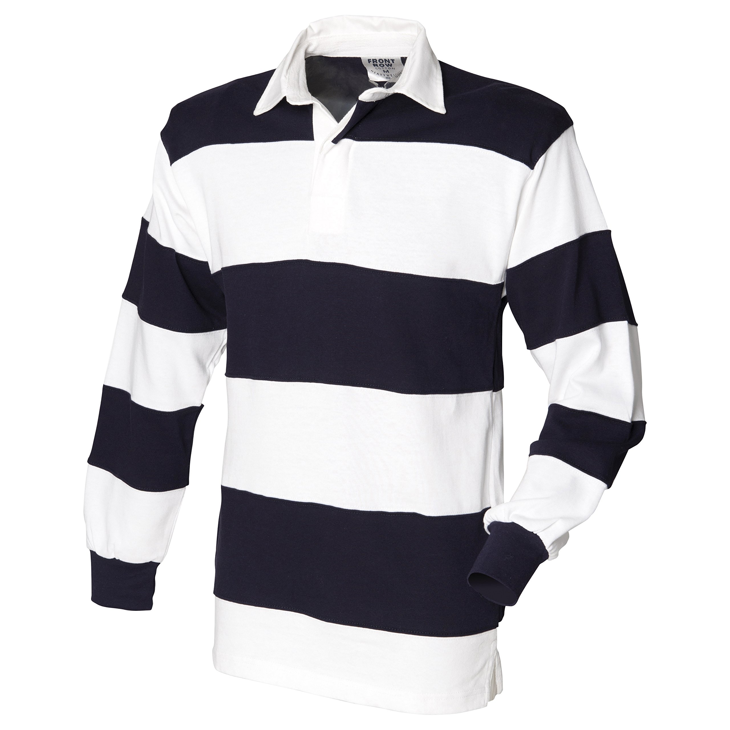 Front Row Sewn Stripe Long Sleeve Rugby Shirt Colour:White Navy White Collar Size:M