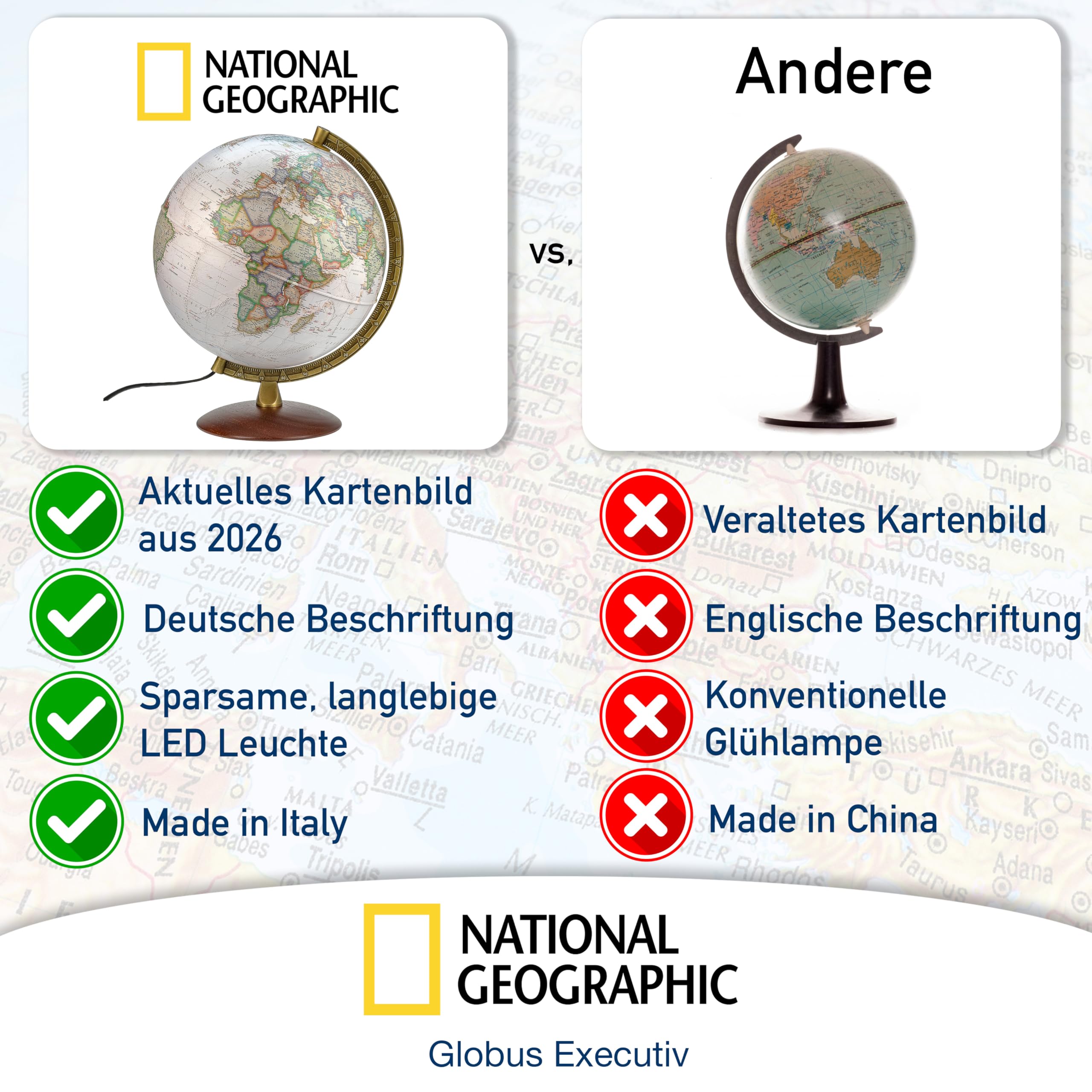 National Geographic - Leuchtglobus im exekutiven Stil - 30cm Globus mit stabilem Standfuß und Metall Meridian, Kartenbild 2026 physikalisch/politisch mit LED Leuchte, aktuelles deutsches Kartenbild