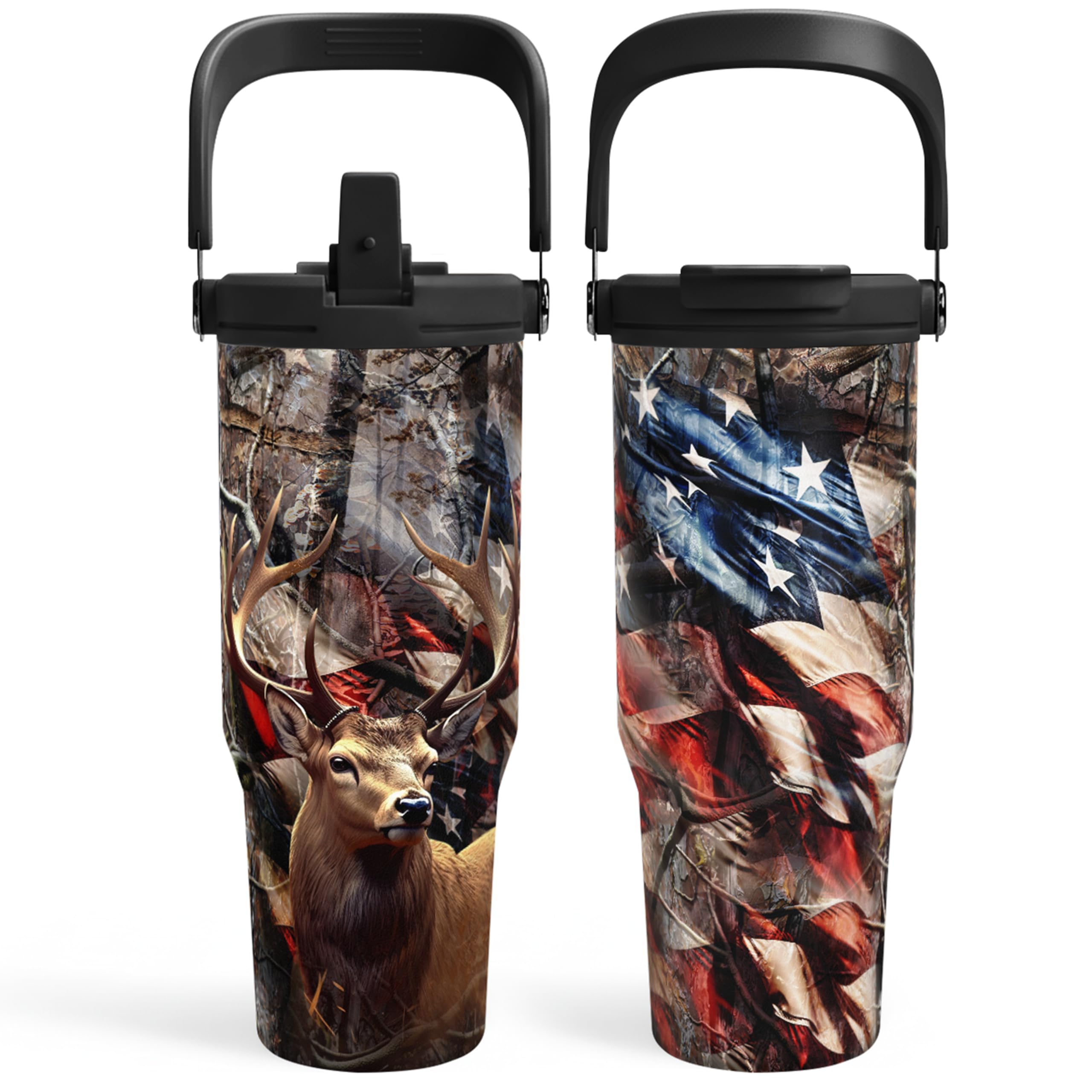 SANDJEST Hunting Gift for Men, Deer Hunting Tumbler with Handle, 30oz Flip Straw Stainless Steel Insulated Coffee Travel Cup, Gifts for Hunter Dad