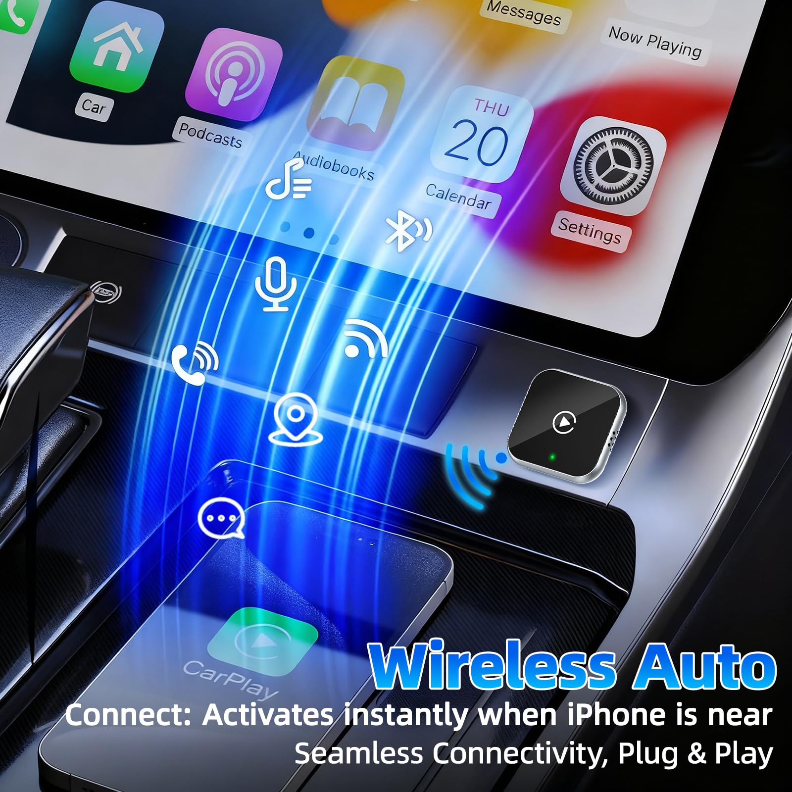 OVVOFPP 2026 Adaptateur CarPlay sans Fil Puce quadricœur 5G sans Latence Filaire-sans Fil prêt à l'emploi,Connexion Rapide et Stable, Compatible avec Les Véhicules Fabriqués Après 2016