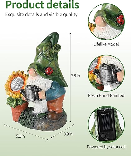 Miniatura 5 de Gnomos de jardín - Luz solar para exteriores, estatua de figura de resina con regadera LED de girasol, decoración de patio para césped, regalos