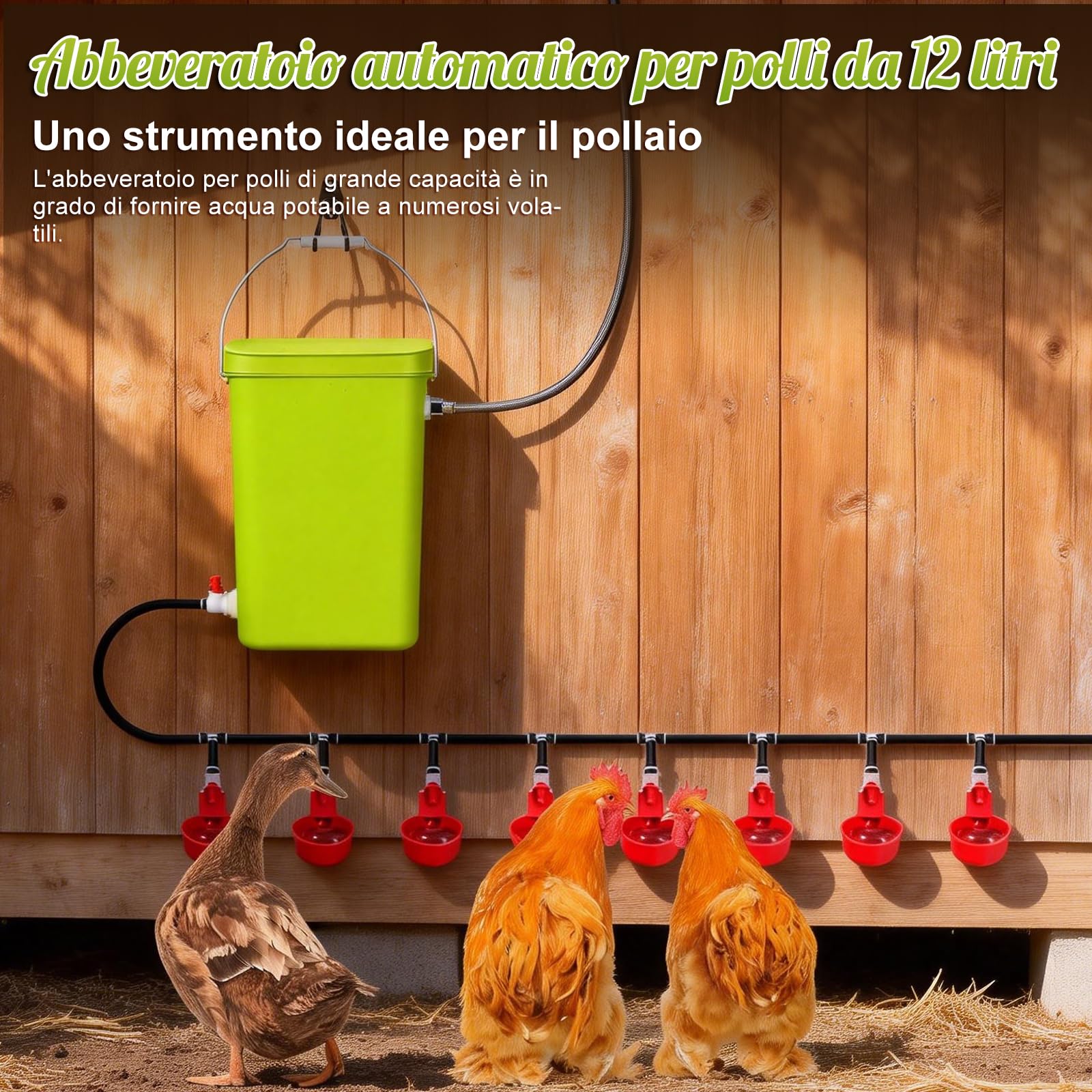Set completo di abbeveratoio automatico per polli da 12 litri, con valvola galleggiante, dispenser di acqua per pollame con ciotole, abbeveratoio per polli, anatre, oche e quaglie