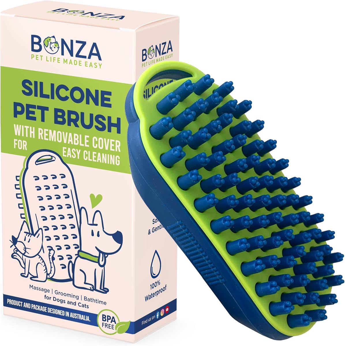 Bonza Silicone Dog Brush - Dog Brush for Shedding & Massage, Cat Bath Scrubber for Easy Shampoo, Pet Grooming Tool with Removable Hair Screen, Navy Blue, Silicone