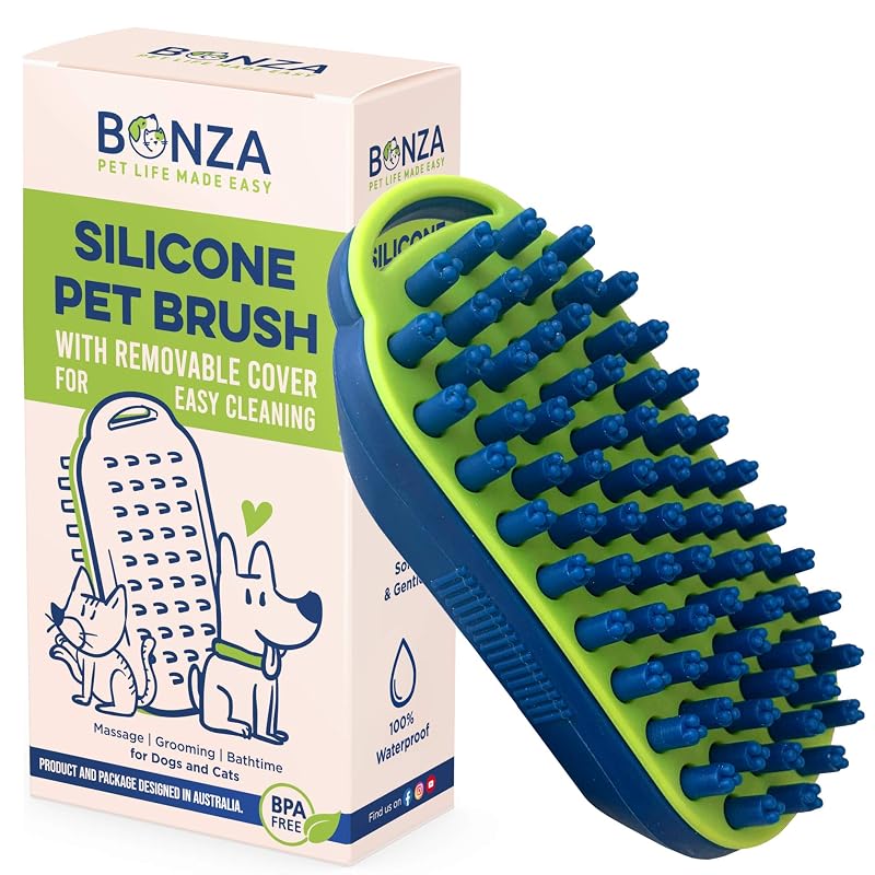 Escova de Silicone para Cães e Gatos Bonza com Massageador e Uso no Banho, Azul-marinho, 1 unidade