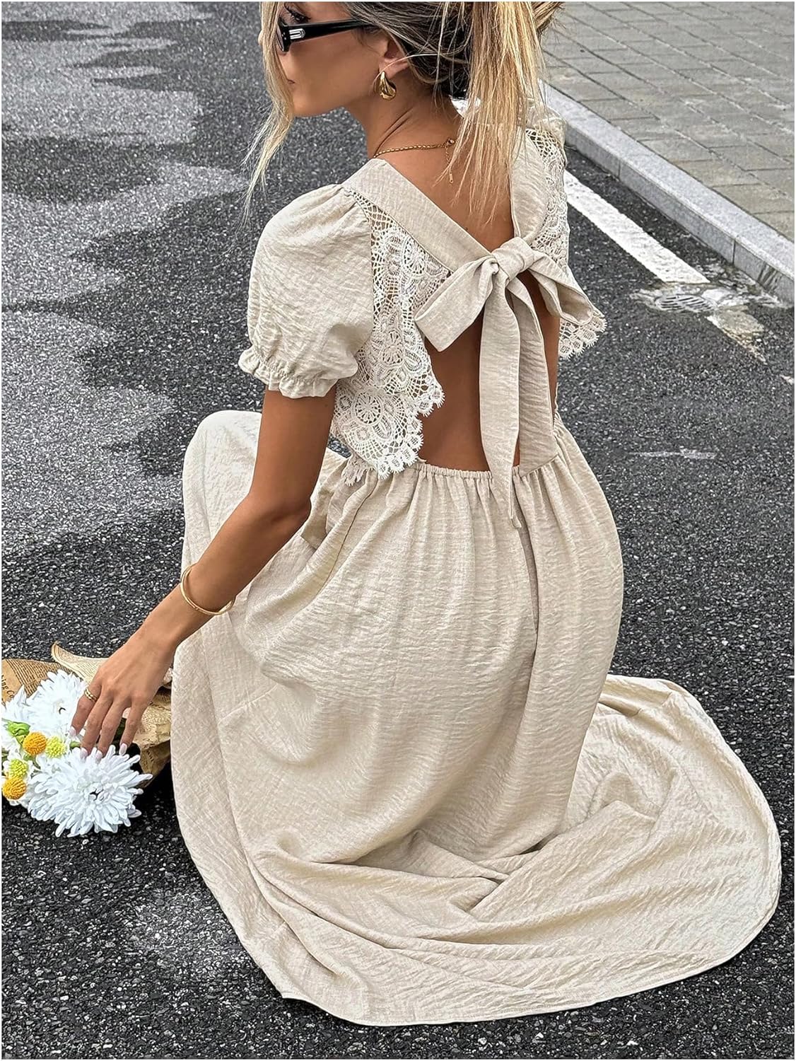 SHENHE Women's Lace Deep V Neck Puff Short Sleeve Tie Bow Backless A Line Flowy Maxi Dress - Image 2