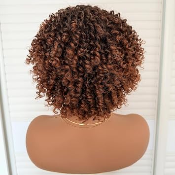 Short Kinky Curly Bob Wig with Bangs 6 Inch Ombre Brown Afro Wigs for Black Women Full and Soft Heat Resistant Synthetic Fiber Throw and Go Wig