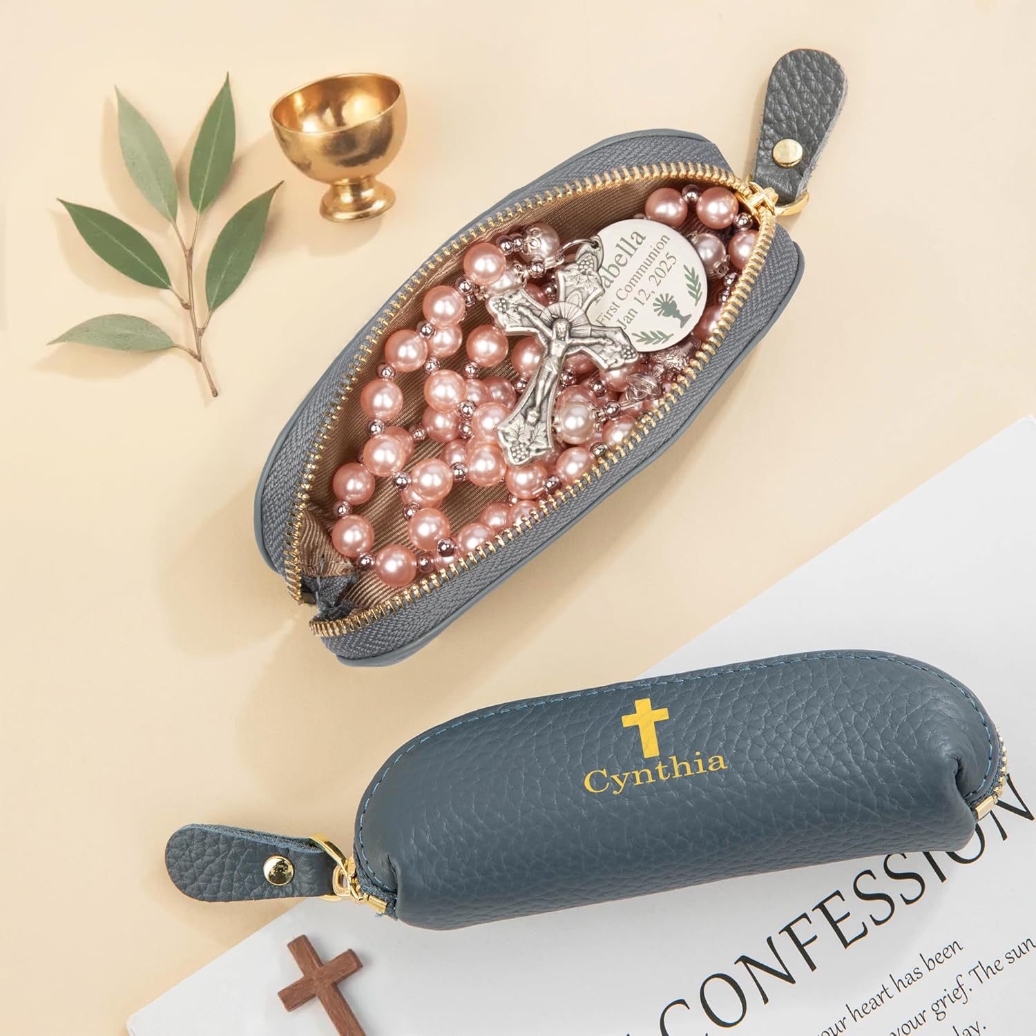 Personalized Rosary Pouch with Zipper – Catholic Prayer Bead Holder for Travel | Custom Name & Cross Design Leather Case for Men & Women - Image 2