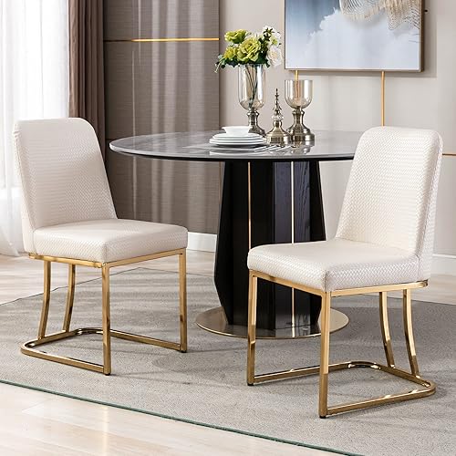 Juego de 2 sillas de comedor modernas sillas de cocina laterales tapizadas de piel sintética tejida sin brazos con patas doradas sillas de comedor