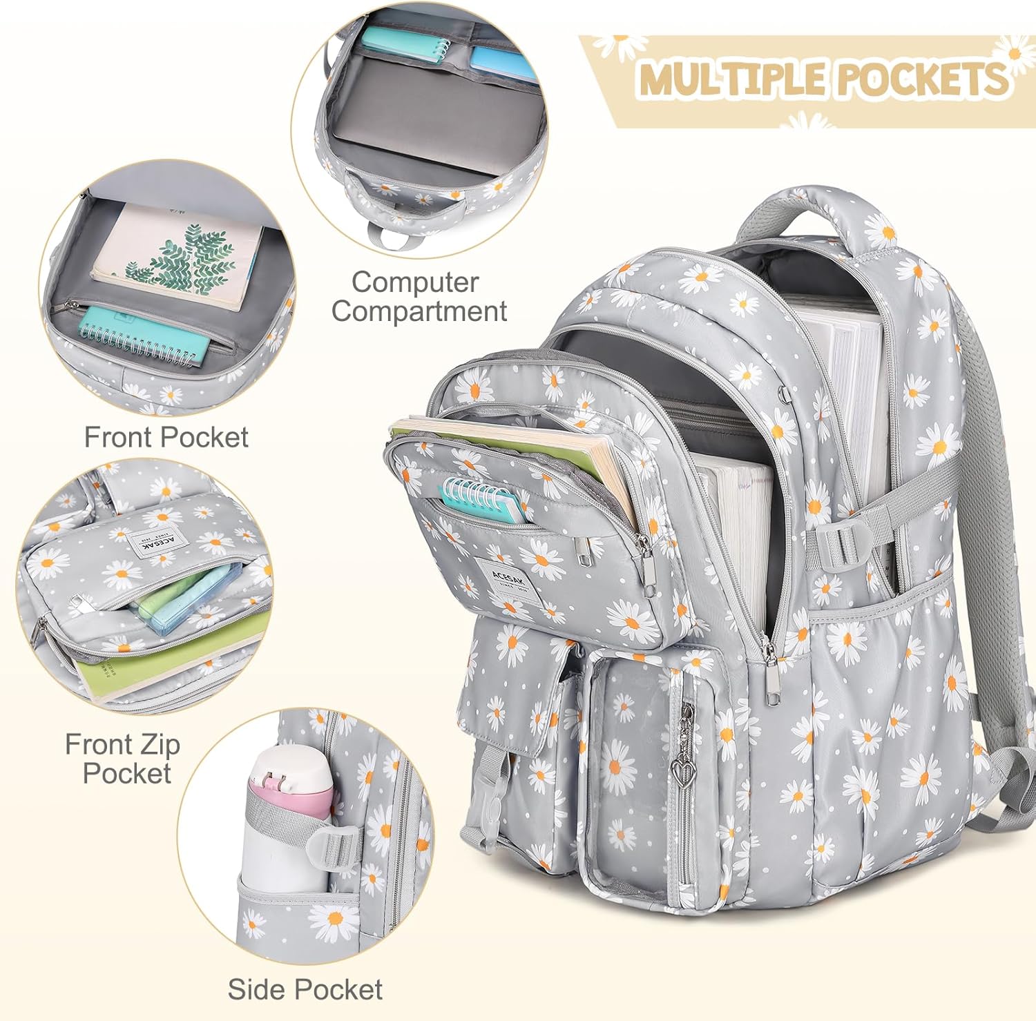 Girls Backpack - Bento Box with Insulated Lunch Bag Pencil Case & Utensils Set for Kids, 6 Leakproof Compartments Removable Tray Lunches or Snack Container for School (Gray Daisy) - Image 4
