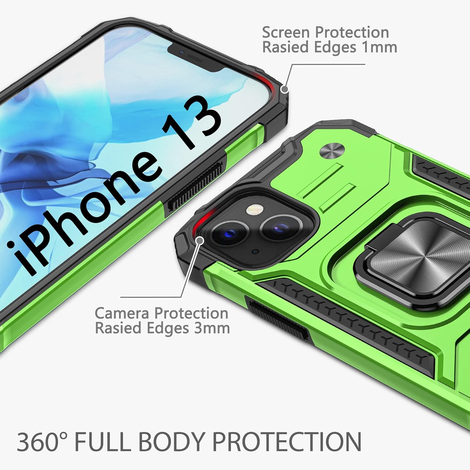 ANOUKE for iPhone 13 Case, with 3 Pcs Tempered Glass Screen Protector, Military-Grade Built in Magnetic Ring Kickstand Dual Layer Hybrid Shockproof Rugged Cover for iPhone 13 6.1" - Green - Image 7