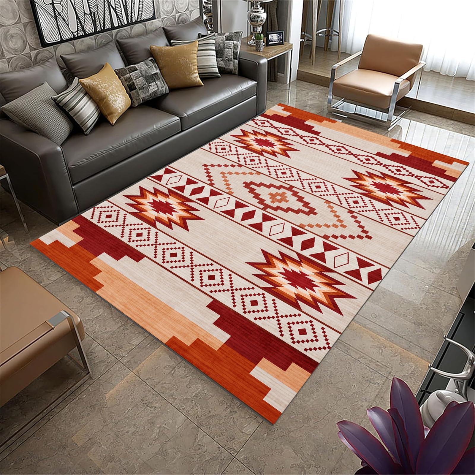 HONGXIU Moroccan Rug 180x230 Cm for Living Room, Boho Soft Washable Area Rugs Bedroom, Low Pile Western Carpet for Dining Room Table, Distressed Aztec Carpets Home Decor