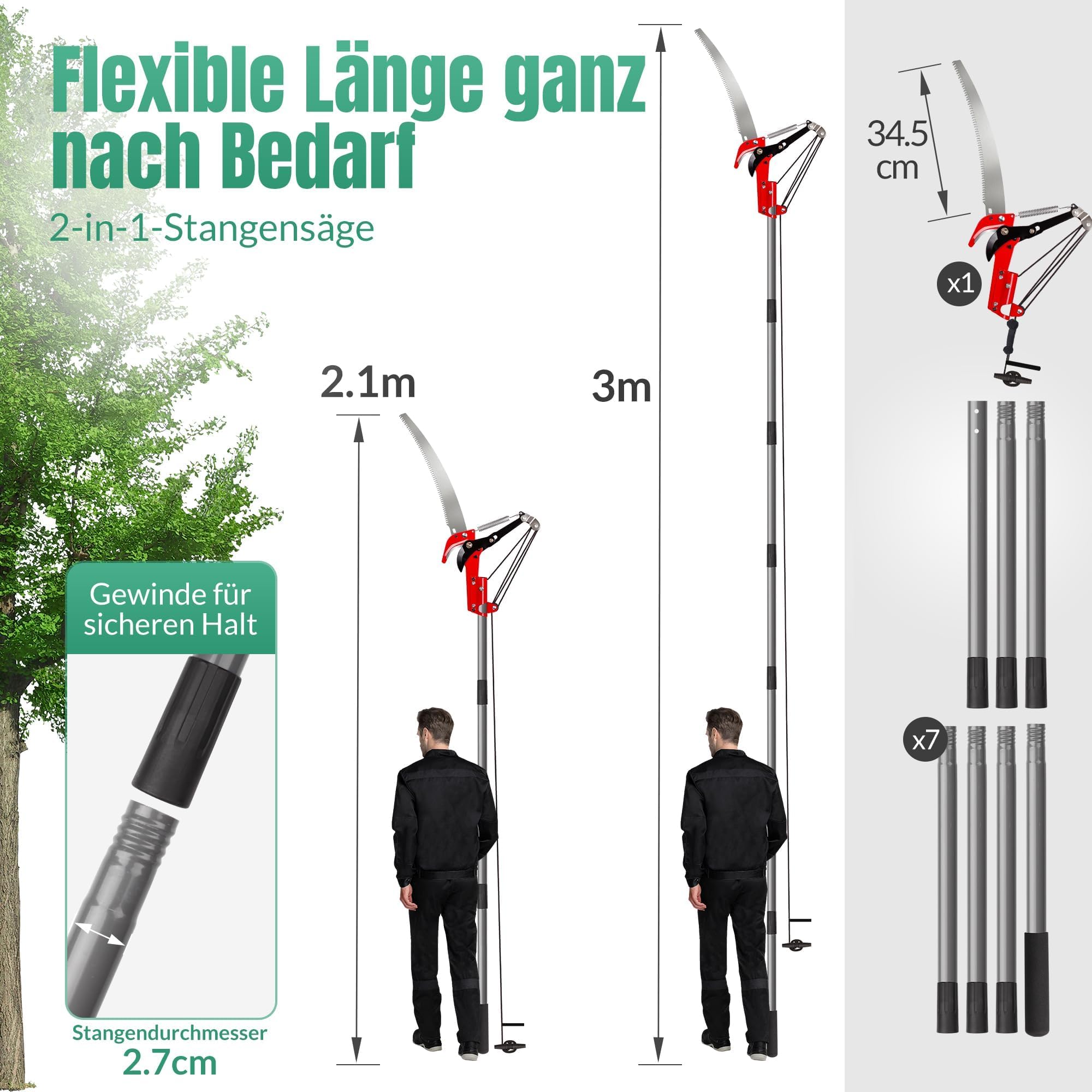 Walensee Teleskop-Baumschere 2-in-1 mit Astsäge, 3 M ausziehbare Stange, Baumschneider mit Stahlklinge und Astschneider, leichte, hochfeste Griffe für einfache Garten- und Baumpflege, Rot