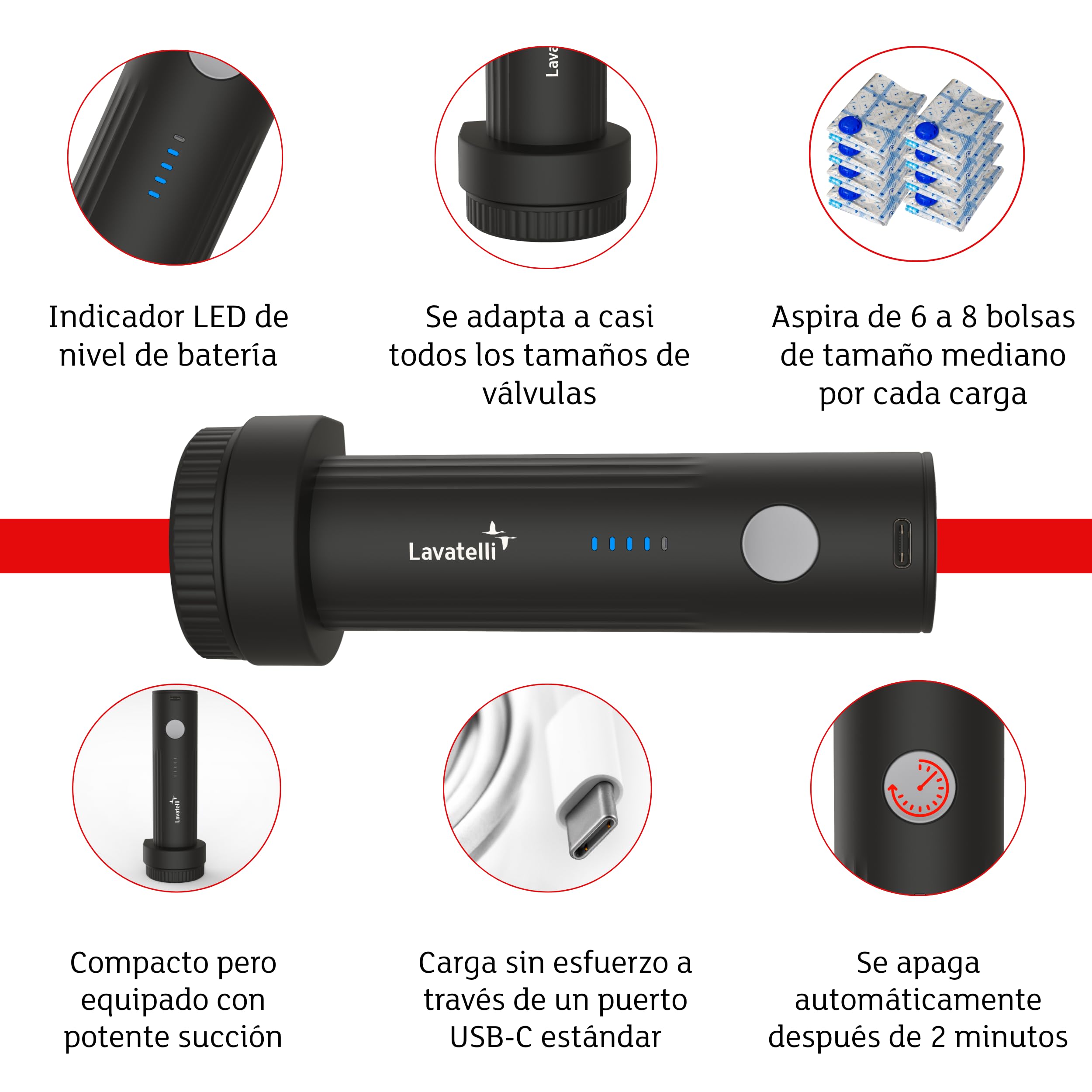 Lavatelli VAC-U-PUMP – Bomba de Vacío Eléctrica Inalámbrica 25W | Recargable USB-C 127g | Para Bolsas Vacío Ropa, Maleta y Armario | Compatible con Ryanair, Vueling y easyJet Equipaje de Mano — view 6
