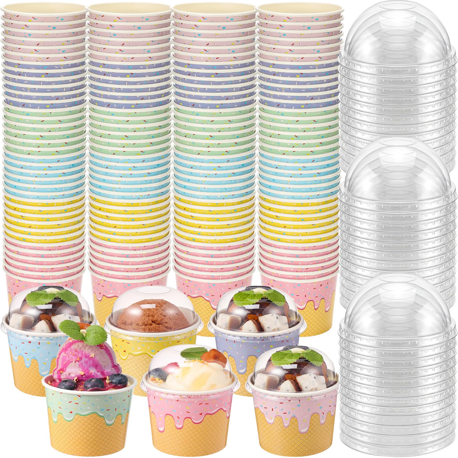 120 Pack Ice Cream Paper Cups with lids 4 Oz Disposable Ice Cream Bowls Paper Treat Dessert Cups 5 Colors Cake Snack Container for Hot or Cold Food Soup Yogurt Birthday Summer Party Supplies