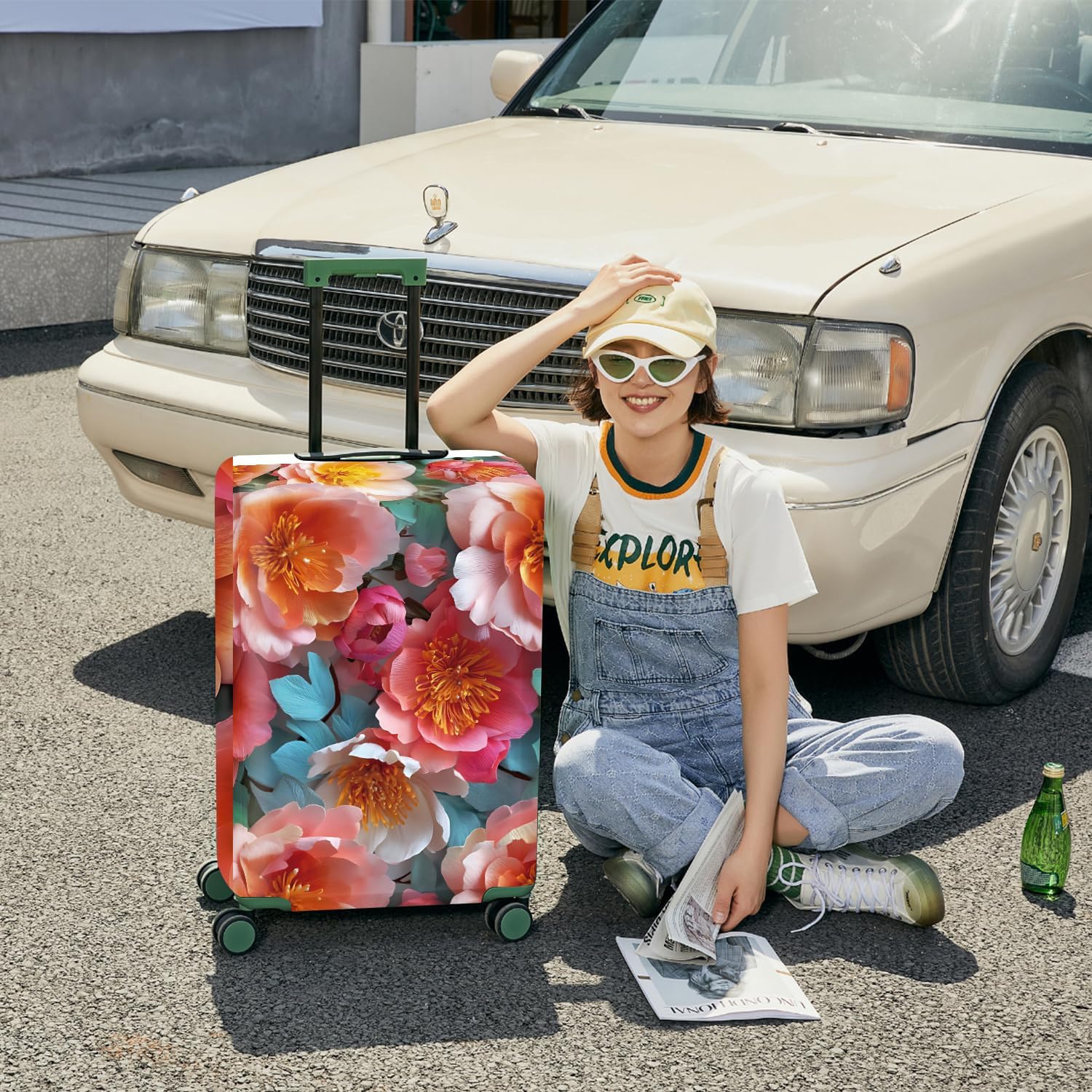 FOREVER QUEEN Red Flower Luggage Cover Suitcase Protector Suitcase Cover Anti-Scratch,Stretchable Bag Cover Washable Durable Polyester